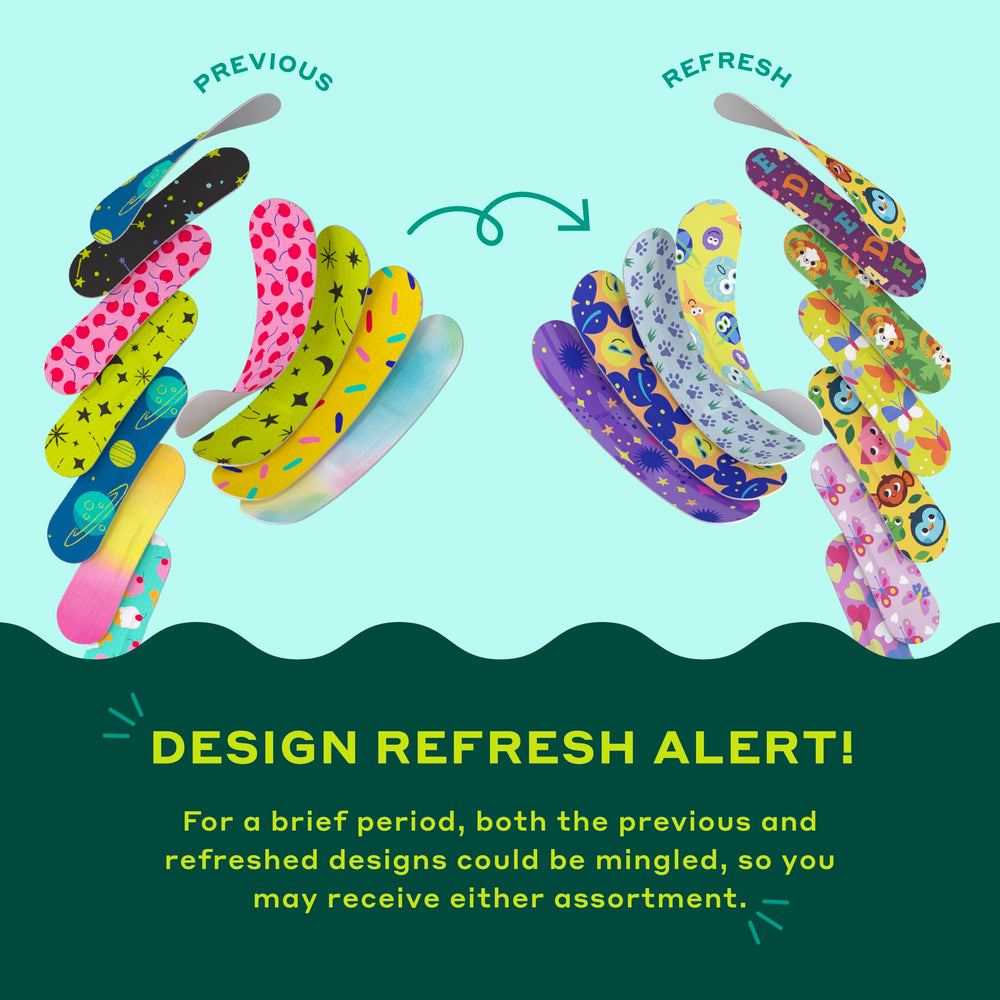 Assorted shapes showcase flexible fabric bandages designed for active movement