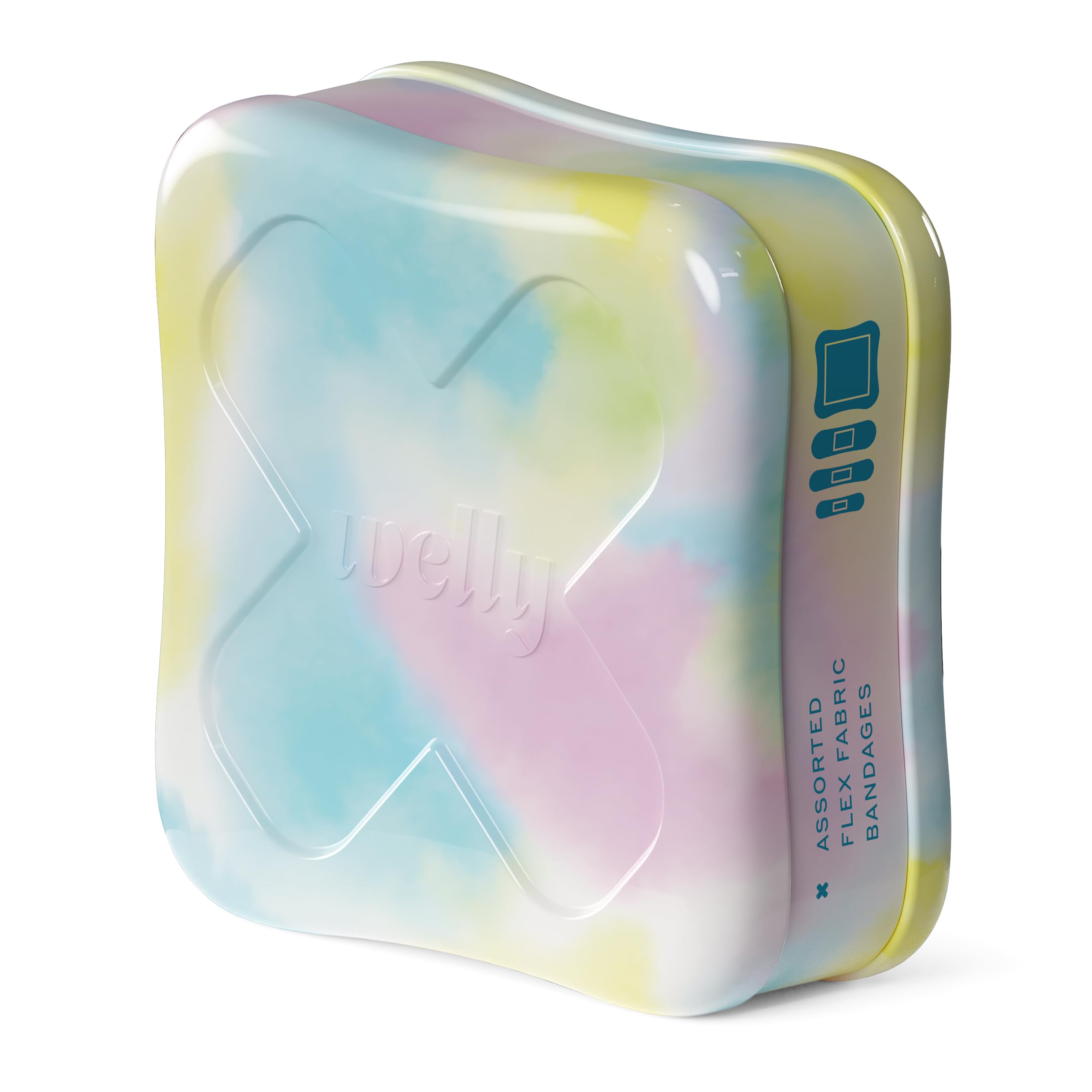 Welly tin packaging opens to reveal organized prints and bandage sizes
