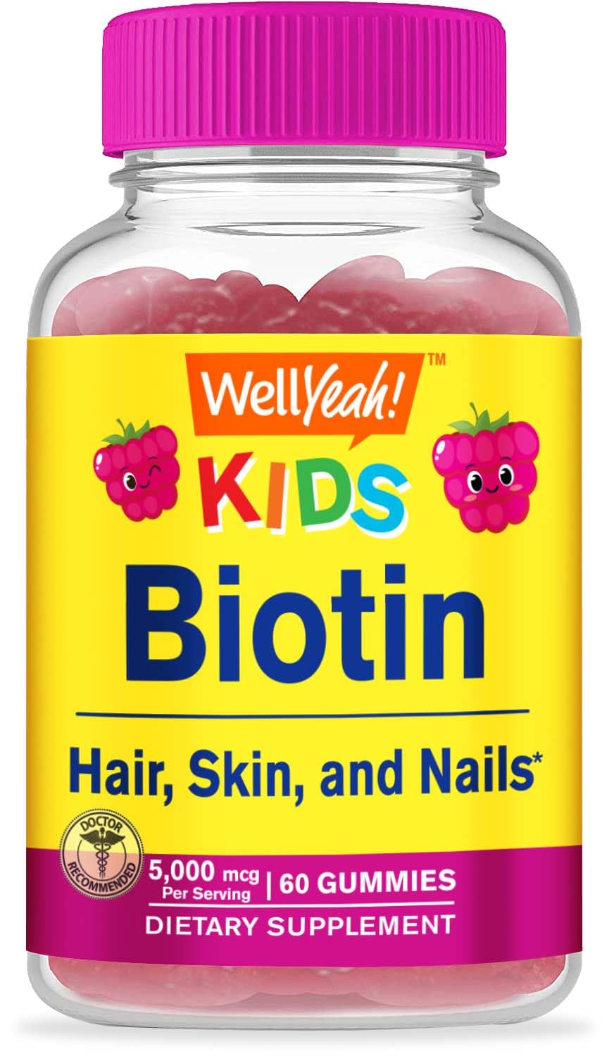WellYeah Biotin Gummies for Kids bottle with raspberry flavor for daily use.
