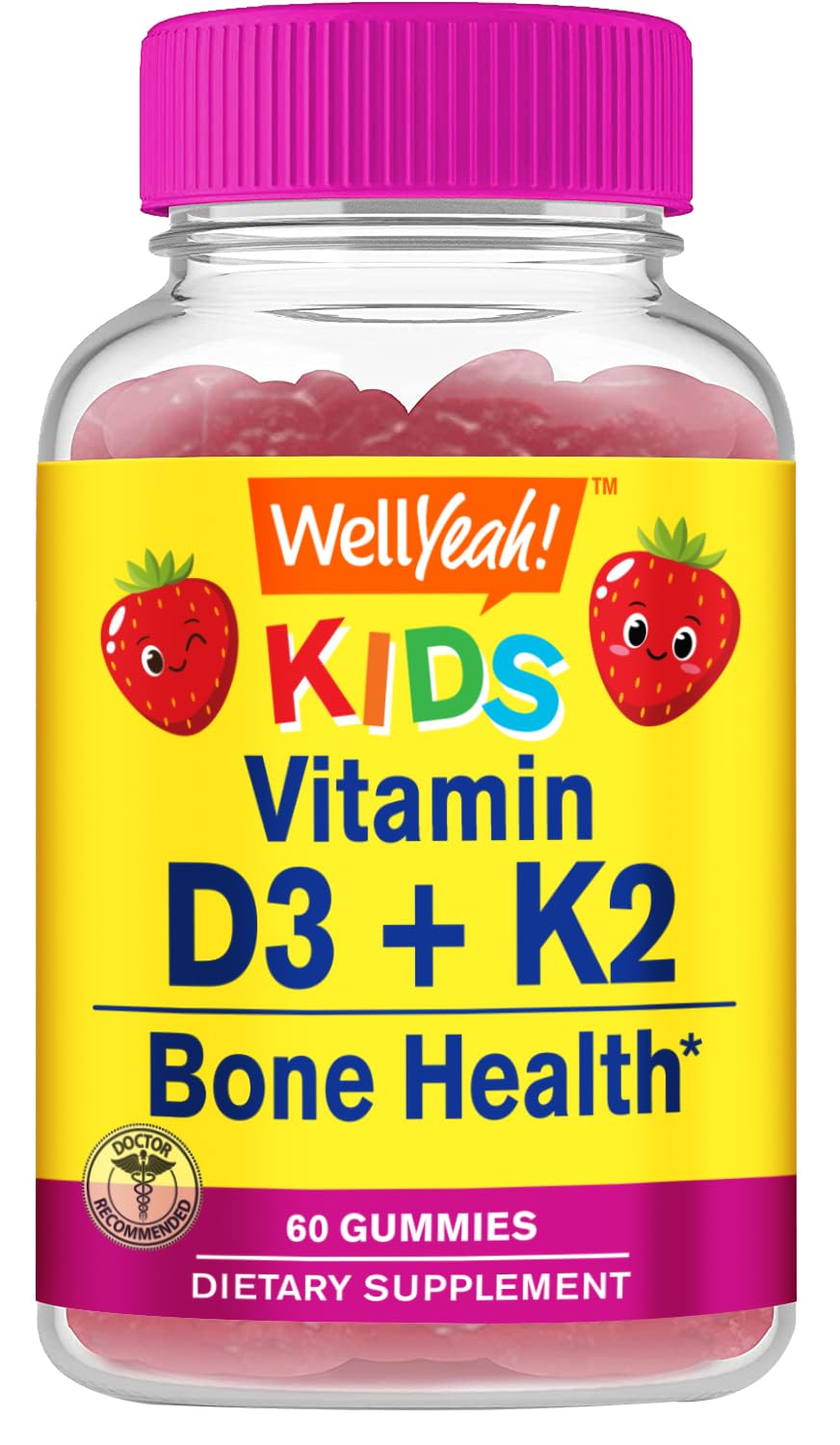 WellYeah Kids D3 K2 gummies bottle shows vibrant label for bone-supporting nutrition.