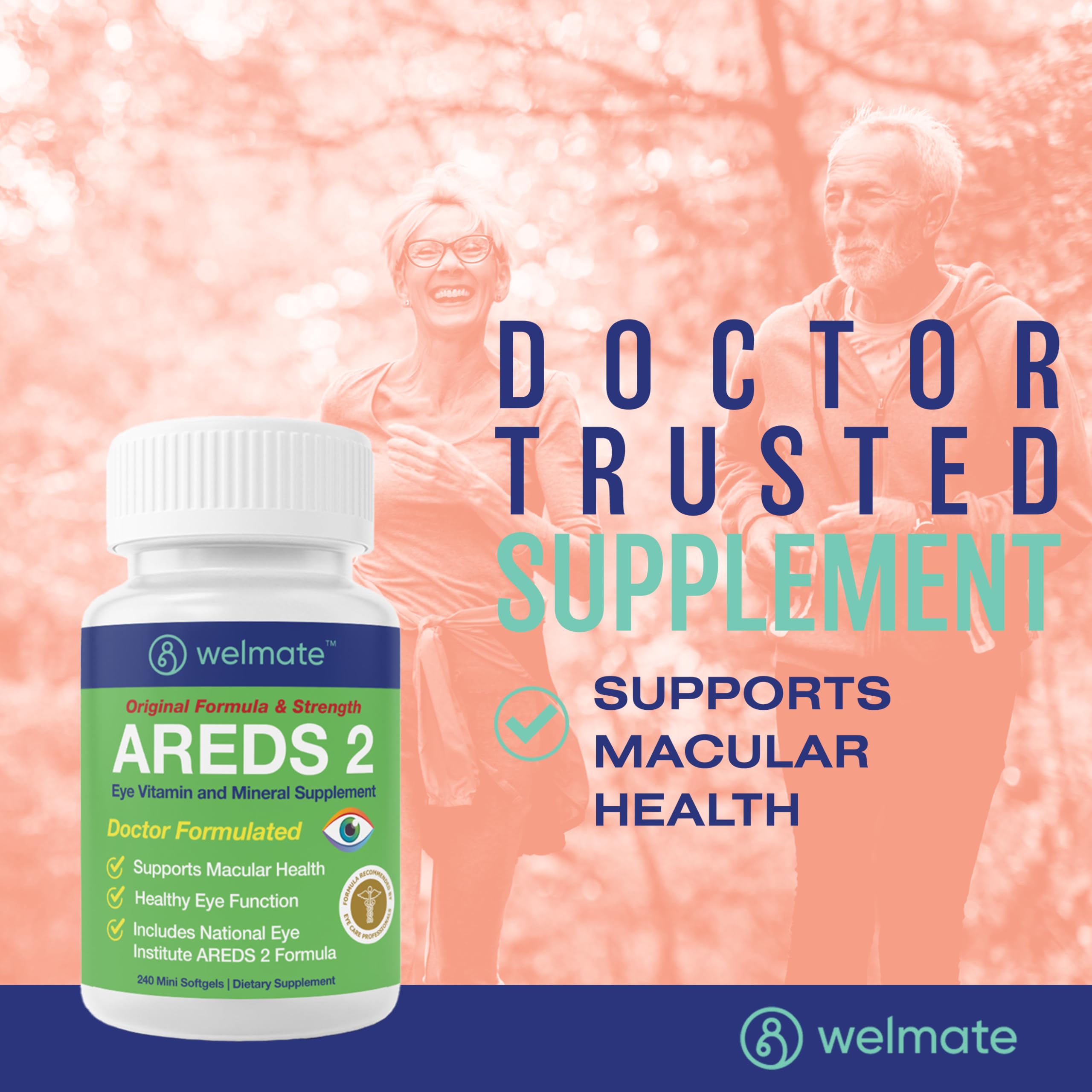 WELMATE AREDS2 bottle dispense depicts easy dosing with two mini softgels daily.