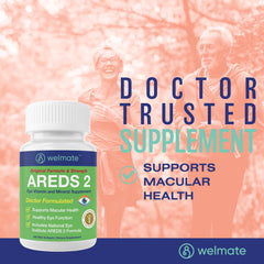 WELMATE AREDS2 bottle dispense depicts easy dosing with two mini softgels daily.