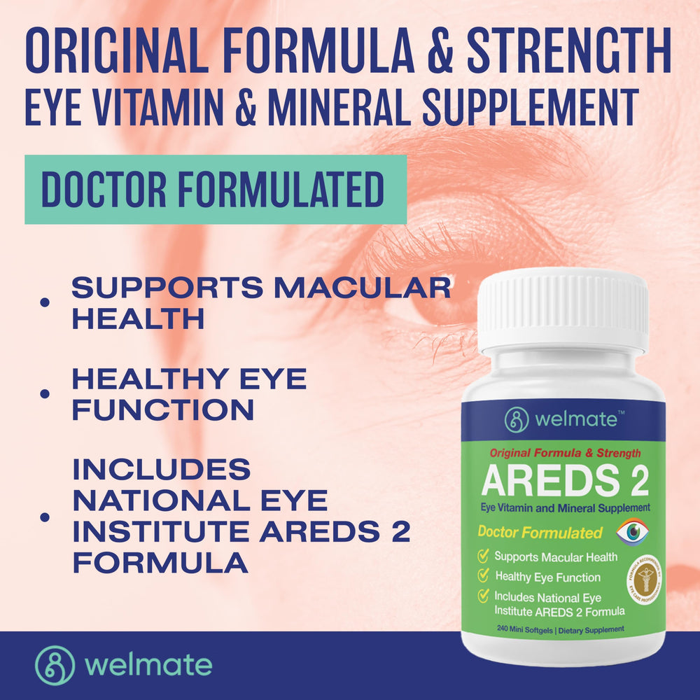 WELMATE AREDS2 softgels closeup highlights two-per-day regimen for daily eye health.