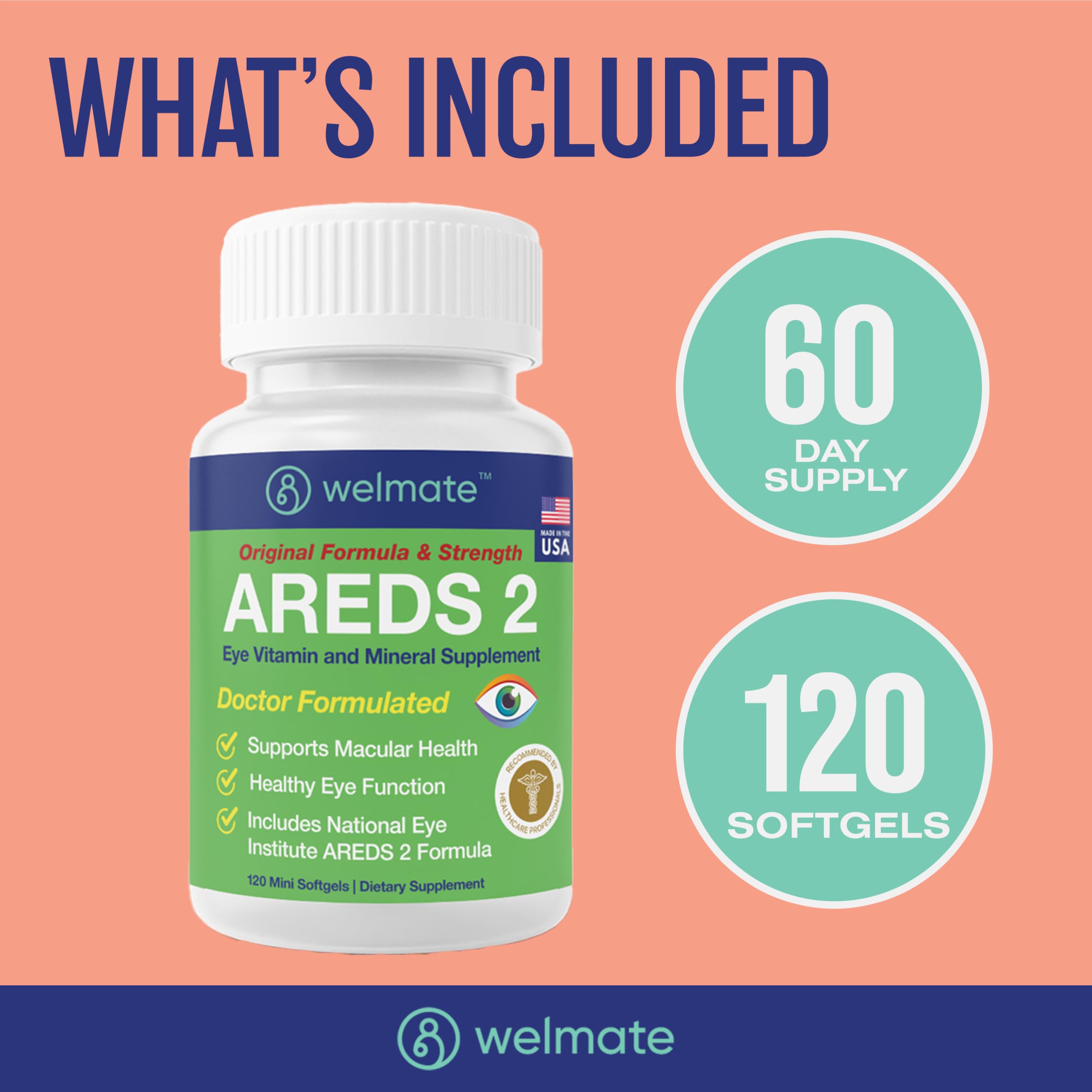 WELMATE AREDS2 gluten-free label on packaging highlighting dietary suitability.