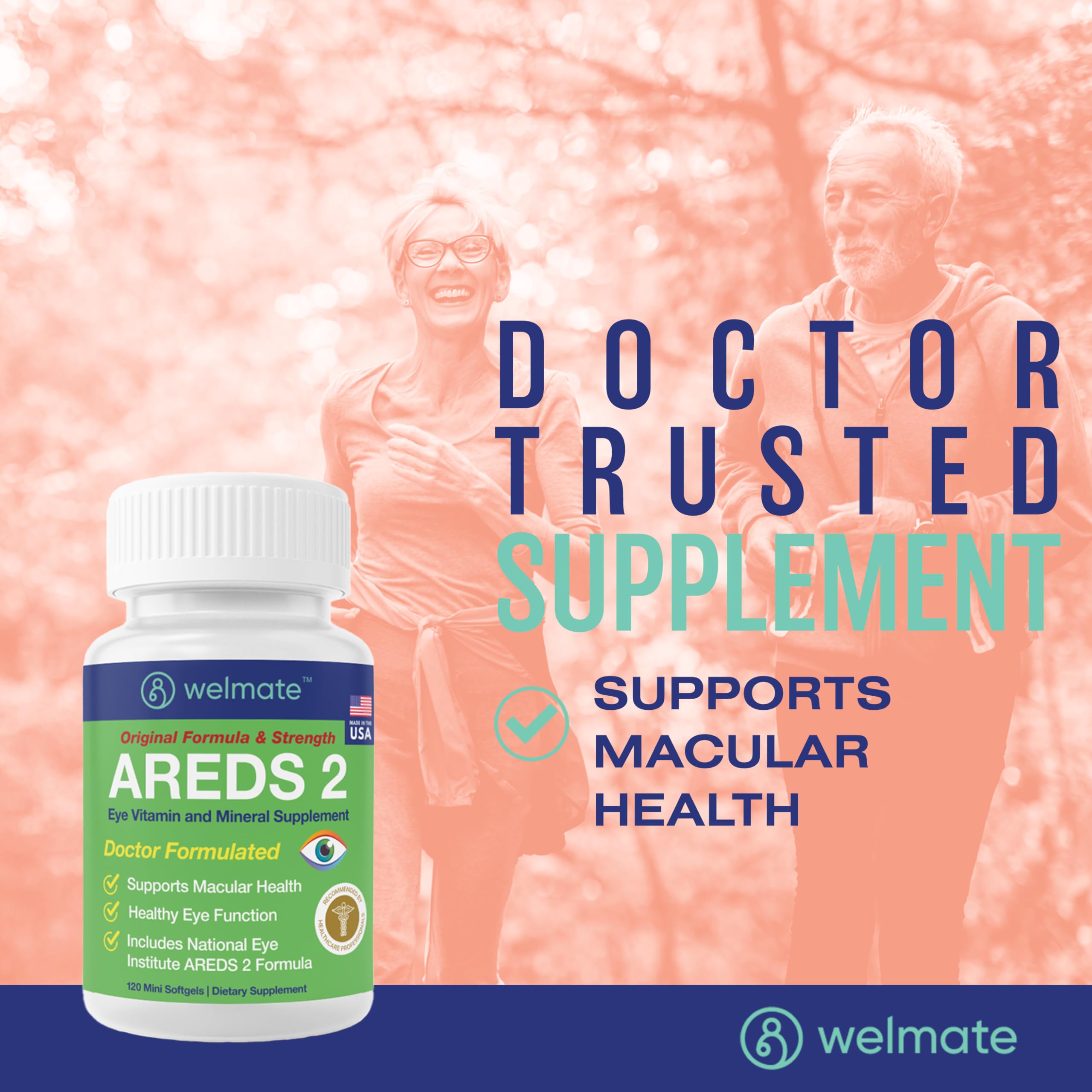 WELMATE AREDS2 nutrition panel highlights essential eye nutrients for macular support.