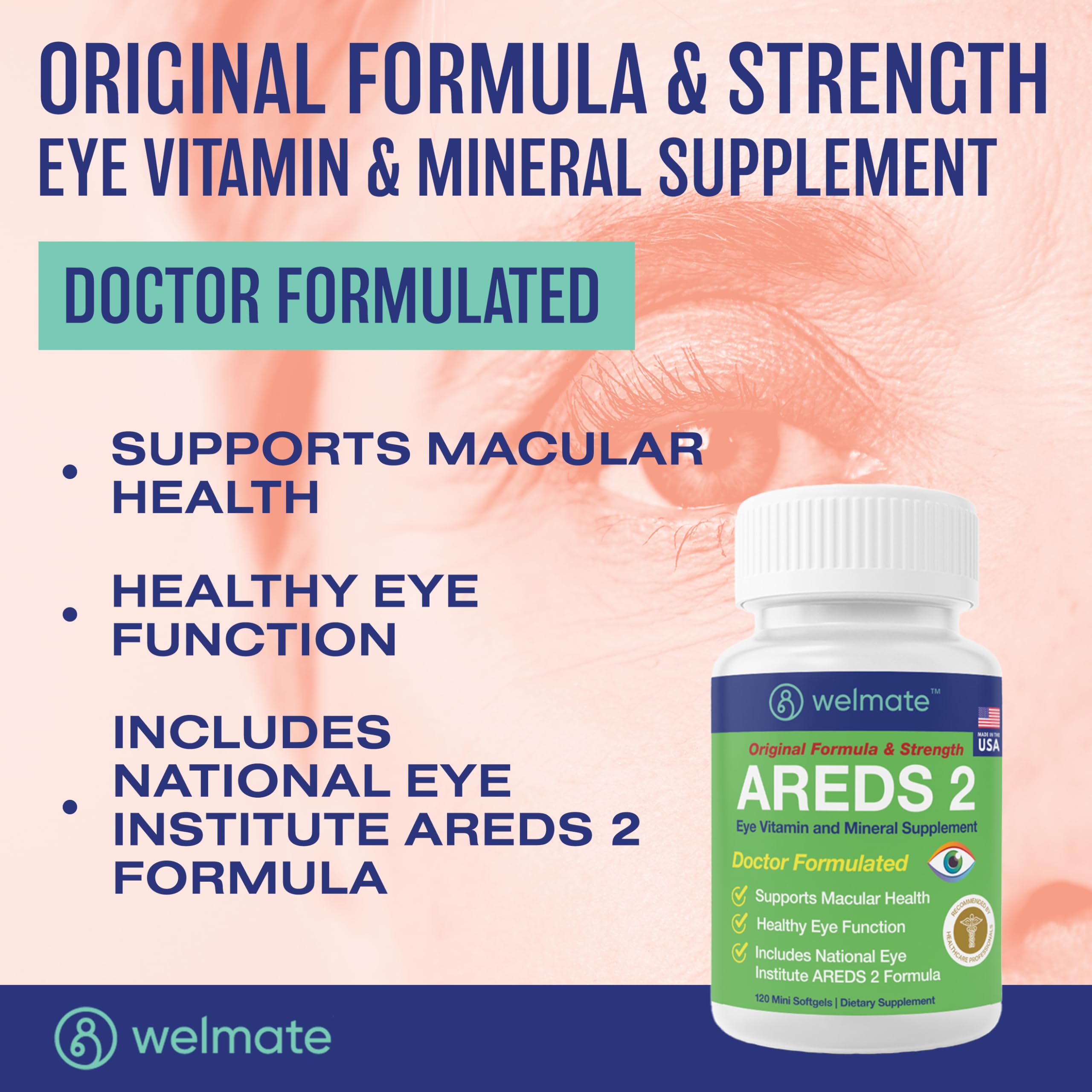 Close-up of WELMATE AREDS2 mini softgels for easy daily dosing.