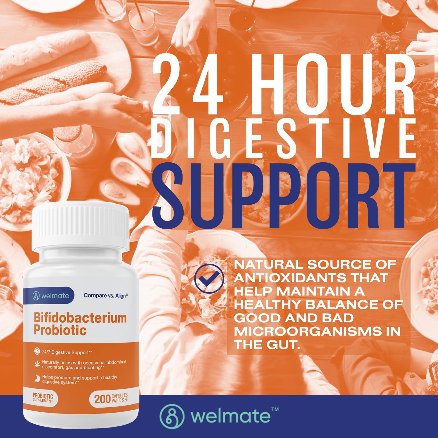 WELMATE Bifidobacterium label highlights vegan and gluten-free probiotic formula.