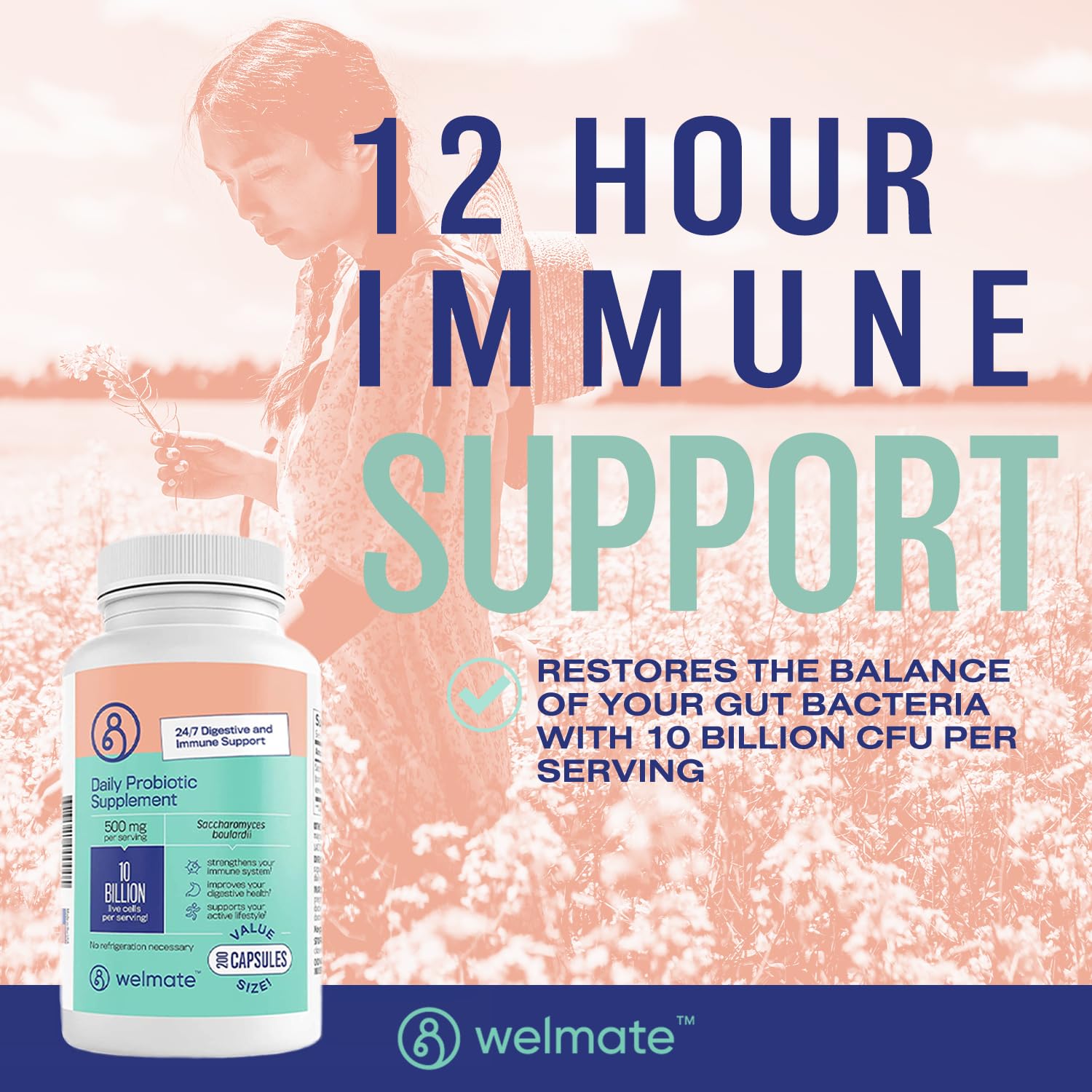 Close-up of Welmate probiotic label highlighting vegan and gluten-free attributes.