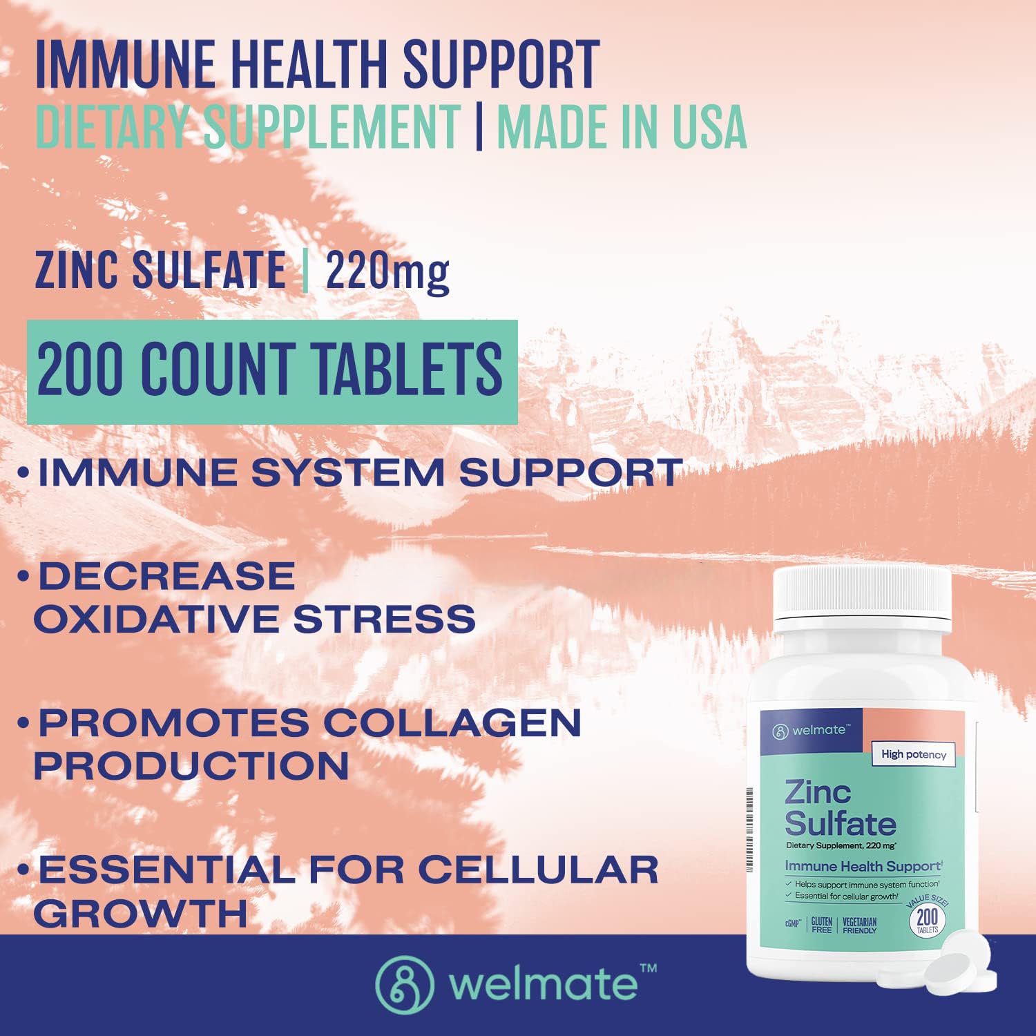 WELMATE bottle close-up showing high-potency zinc for immune health.