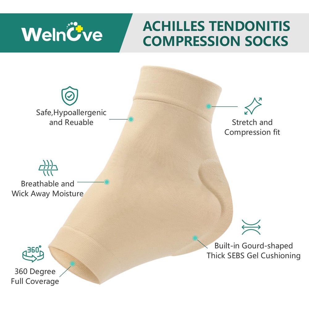 Welnove Achilles tendon sock demonstrates ergonomic fit for precise support.