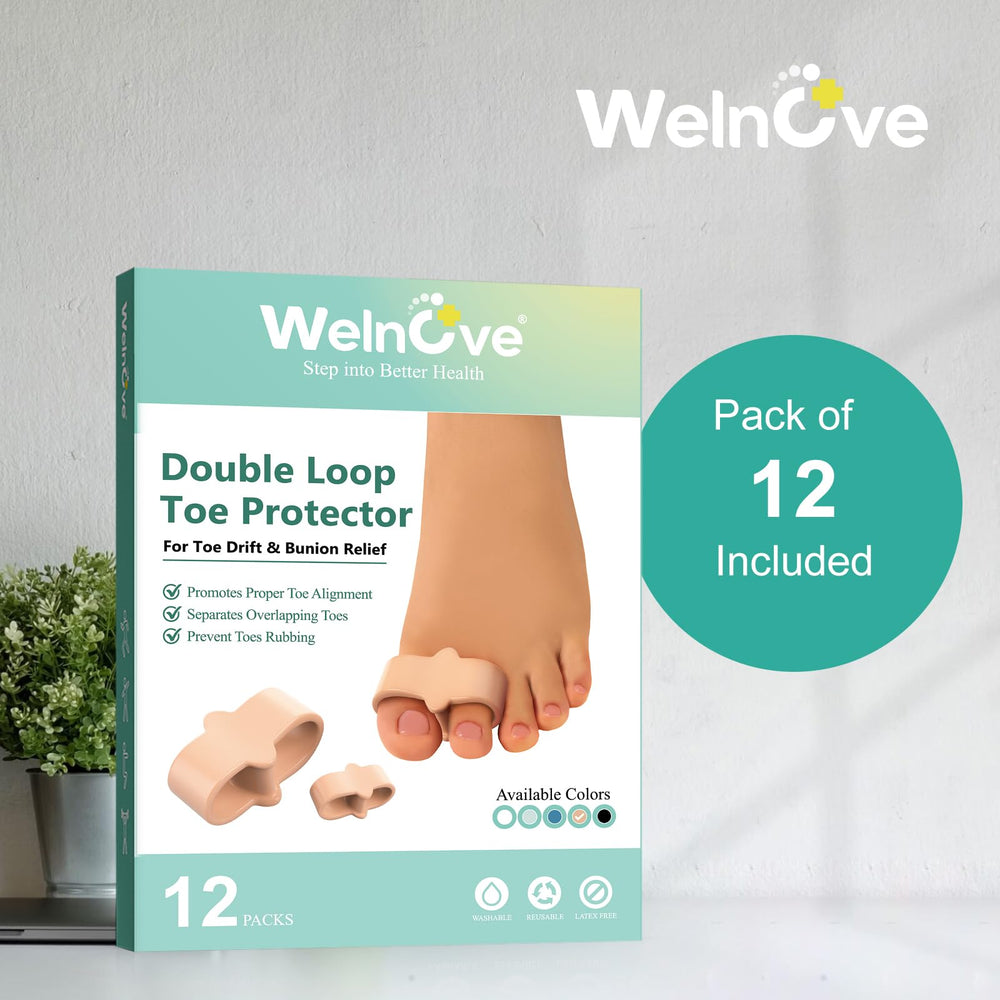 Welnove beige bunion corrector worn for comfortable daily use.