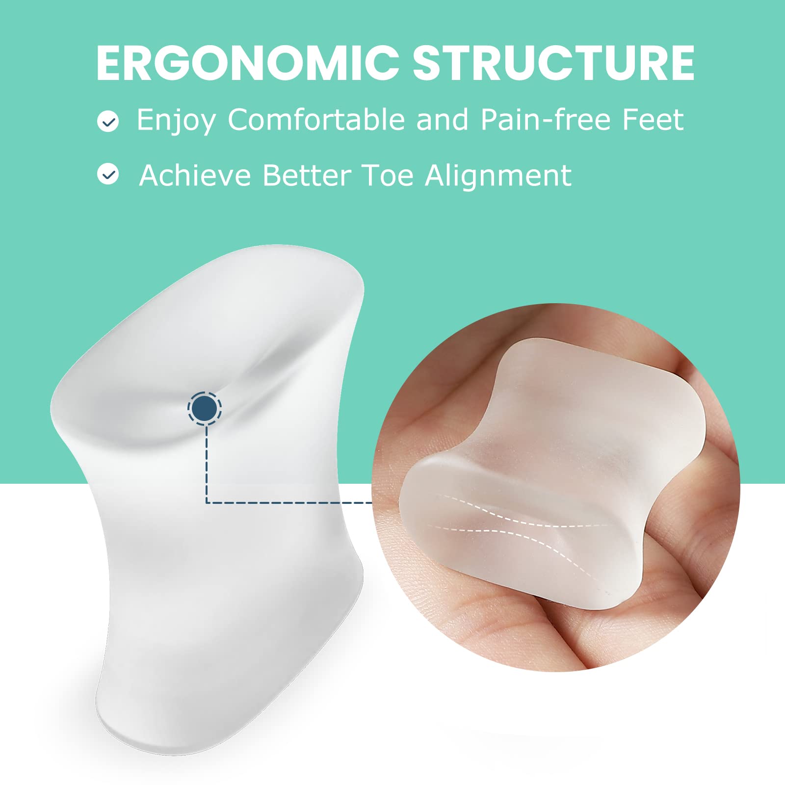Bunion spacers shown between toes for daily comfort
