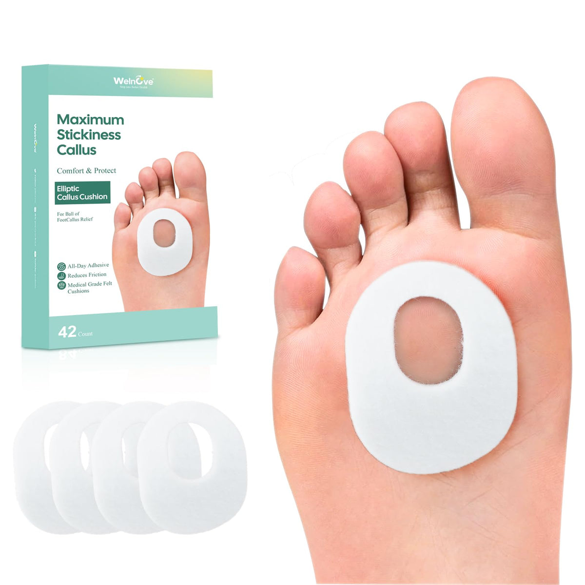 Welnove callus pads with soft felt offer gentle cushioning for comfortable steps.