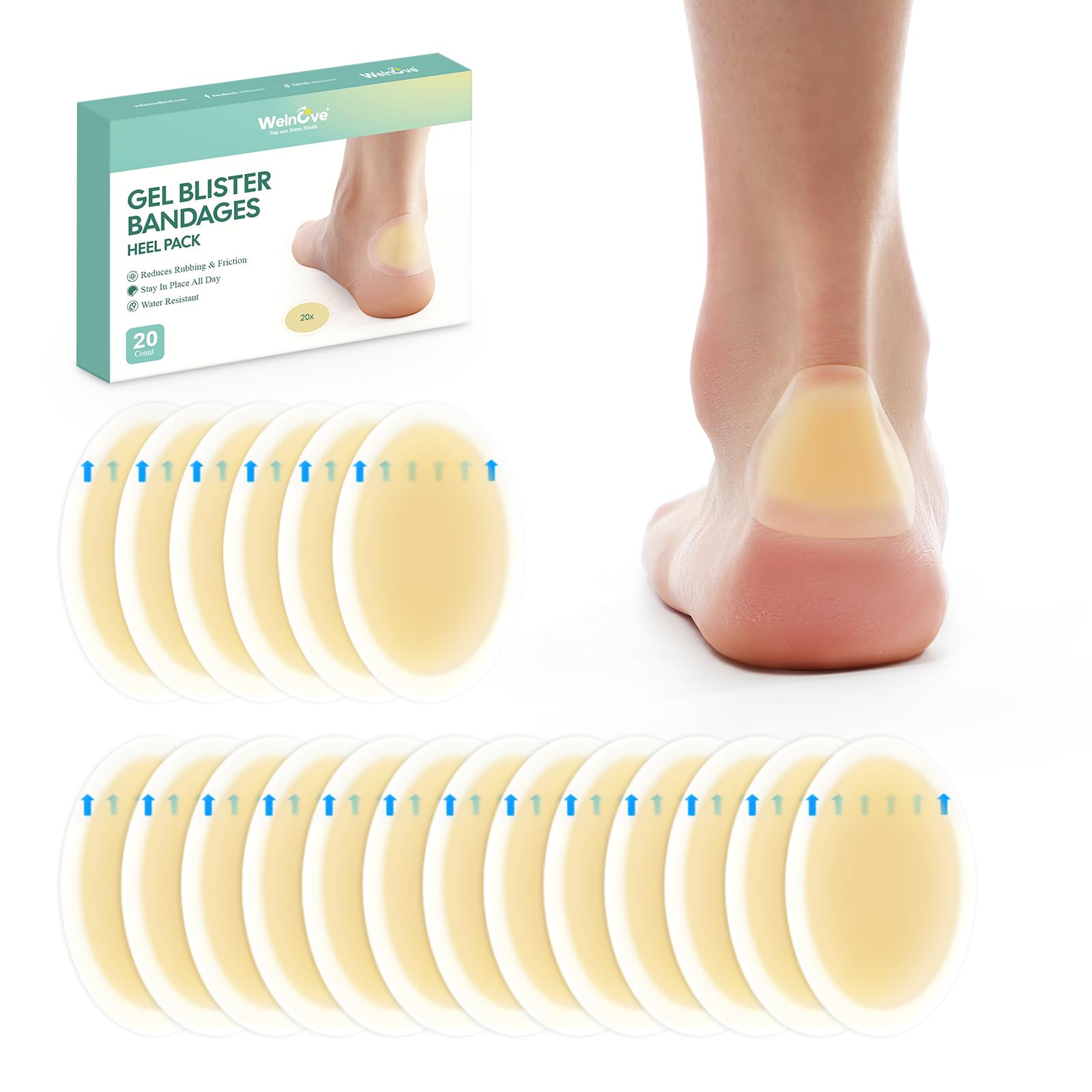 Welnove Gel Blister Bandages Heel Pack cushions feet during daily activities.