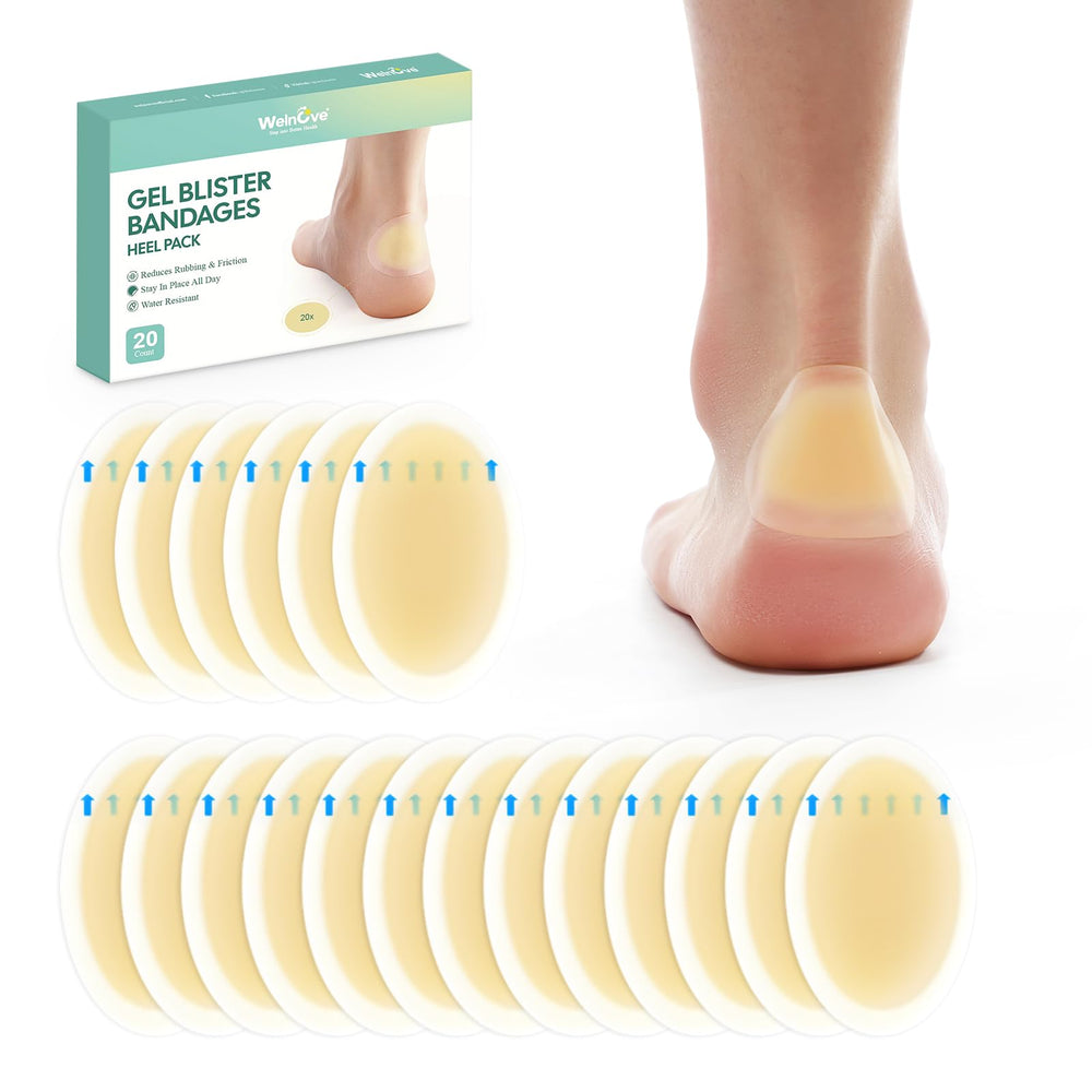 Welnove Gel Blister Bandages Heel Pack cushions feet during daily activities.