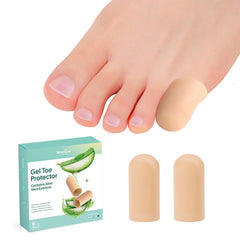Welnove gel toe cap close-up showing soft silicone and aloe moisture for gentle wear.