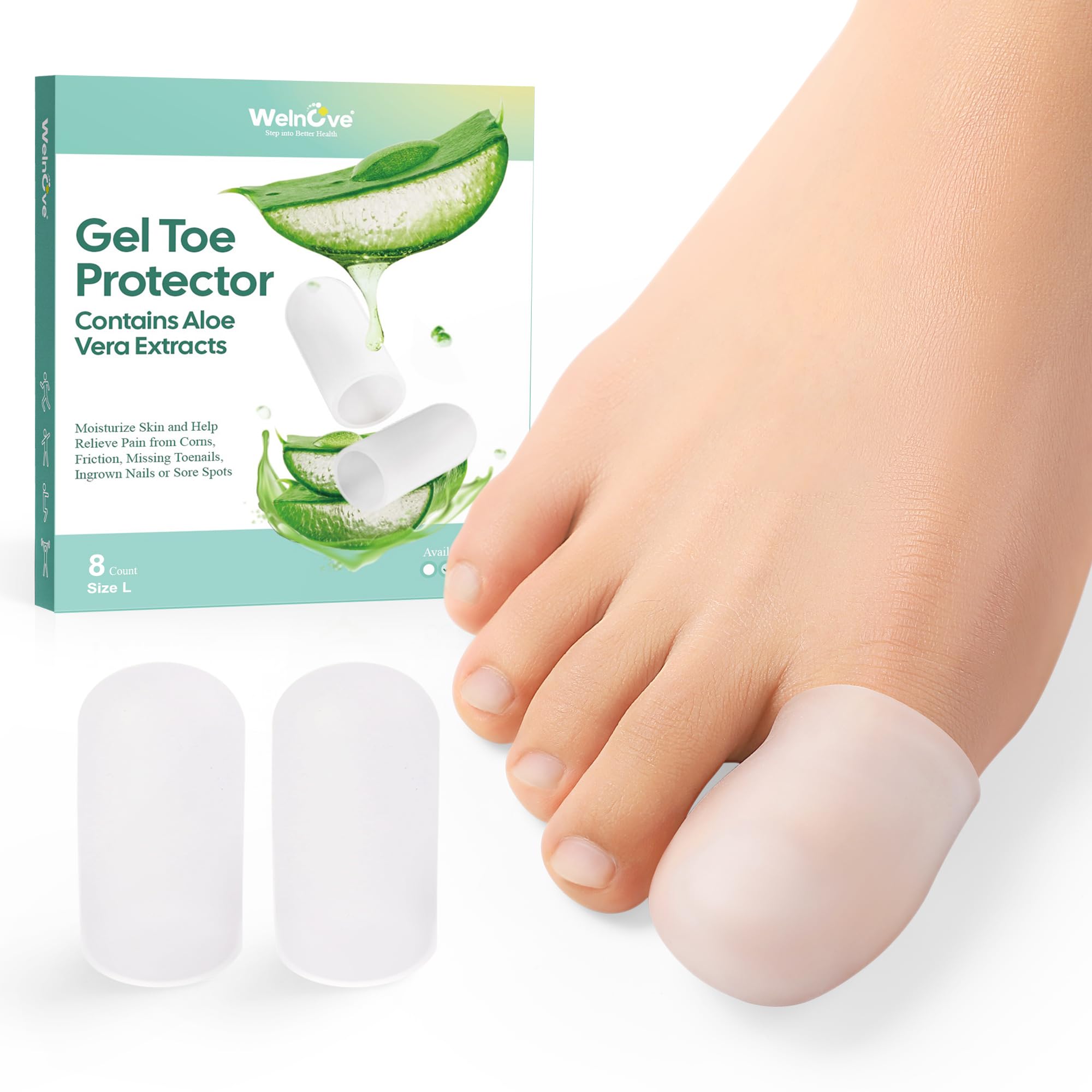 Welnove gel toe cap on foot reduces friction and pressure on the toe.