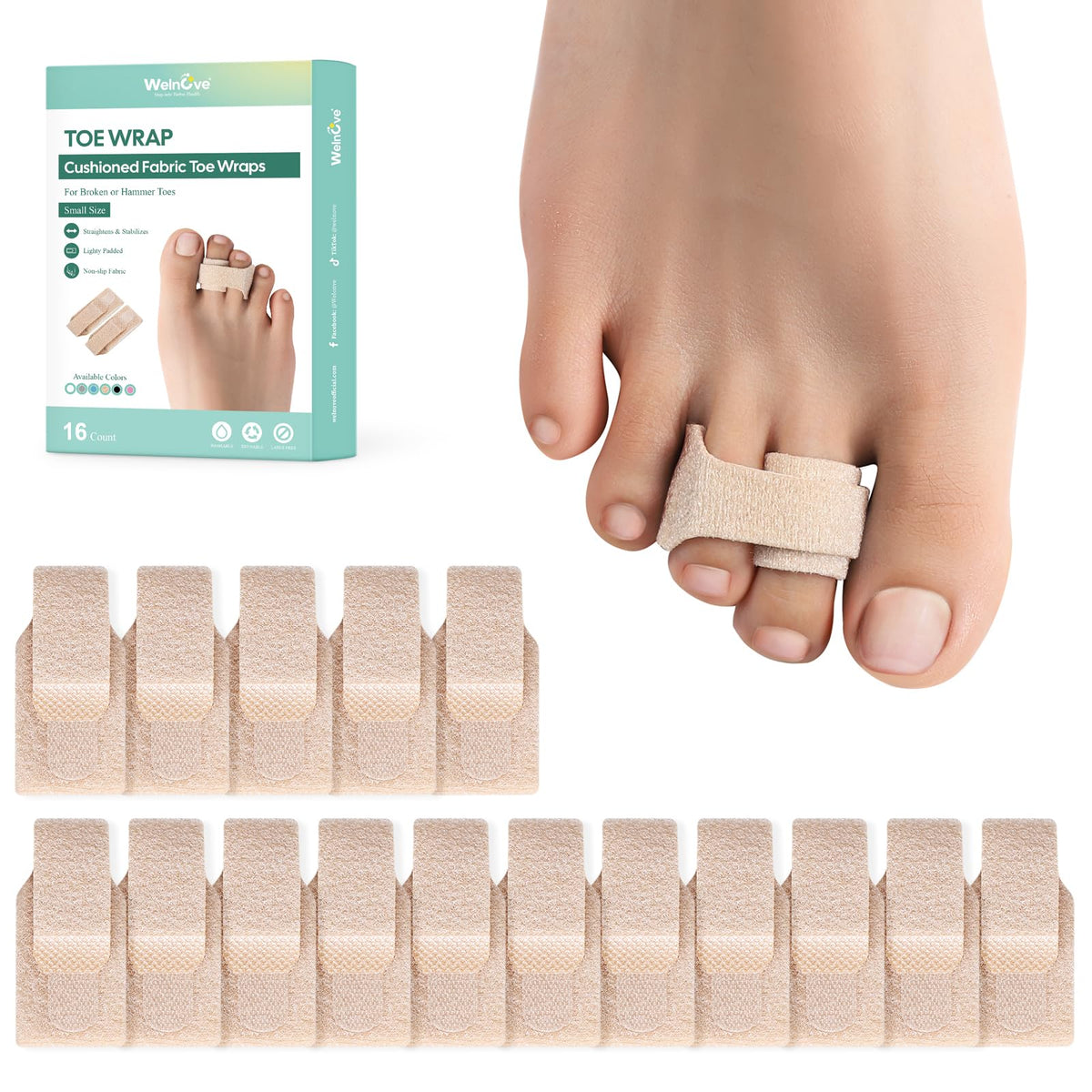 Welnove hammer toe straightener package with cushioned wraps for toe protection.