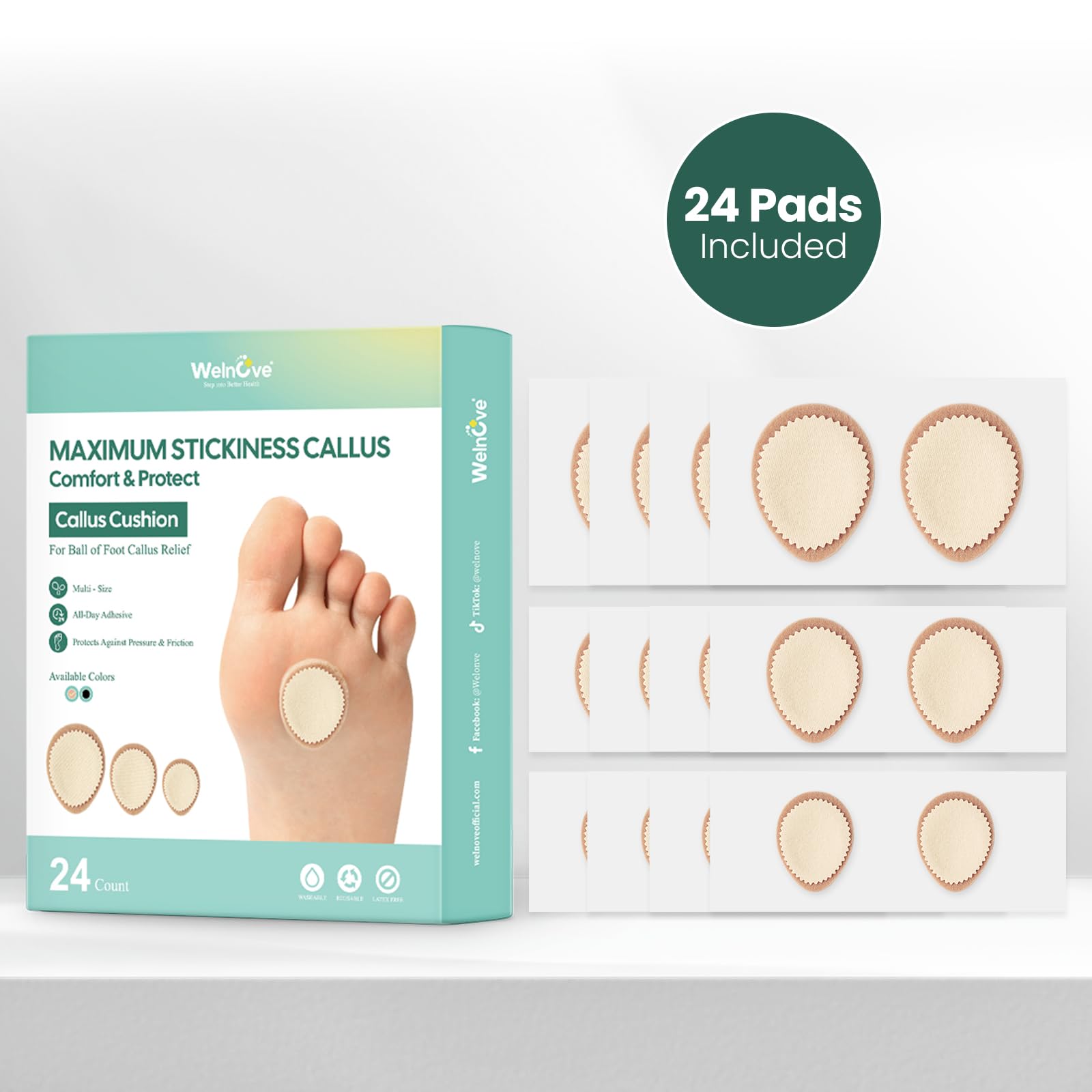 Welnove pads protect against shoe friction and reduce irritation during the day.