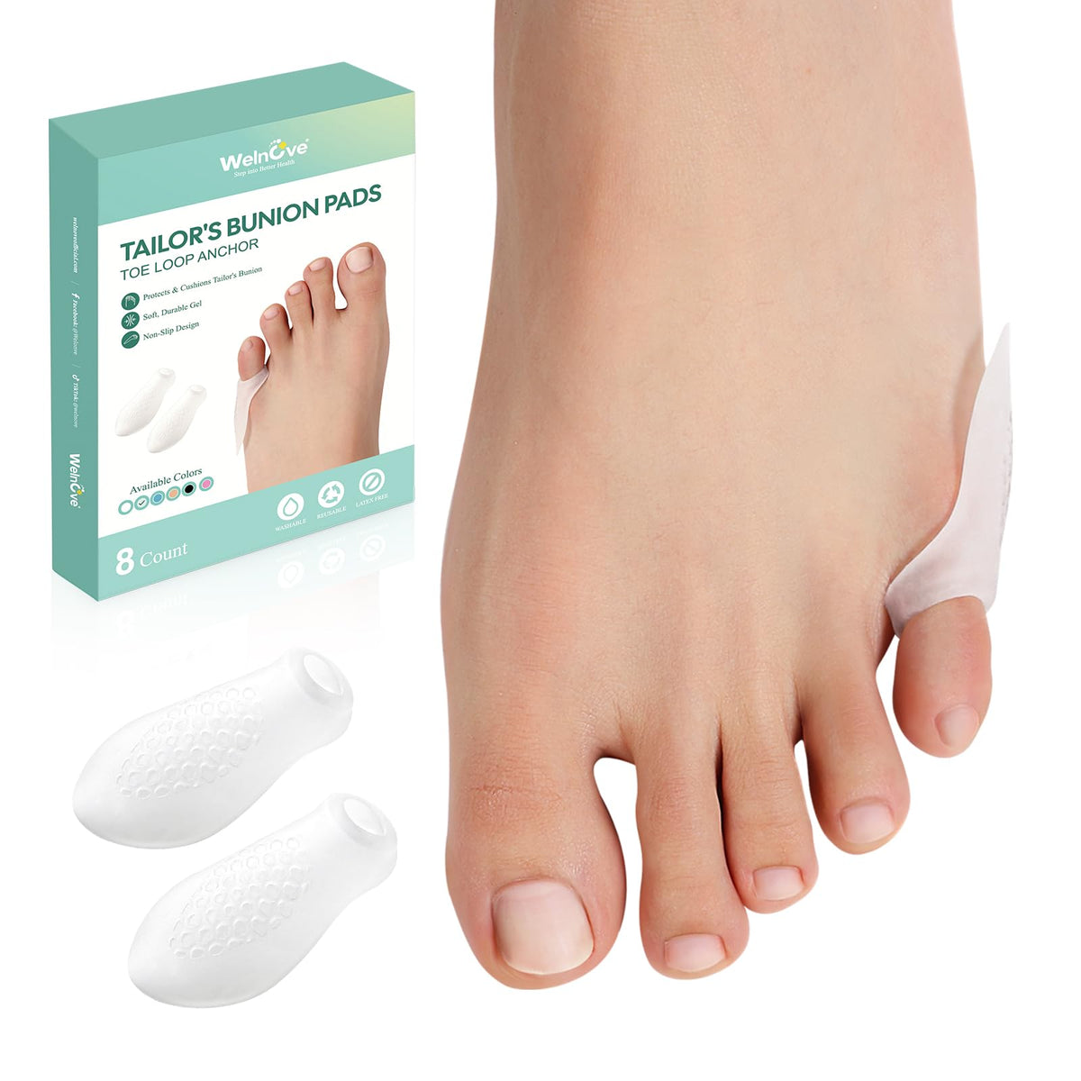 Welnove Tailor's Bunion Pads on pinky toe for friction relief.