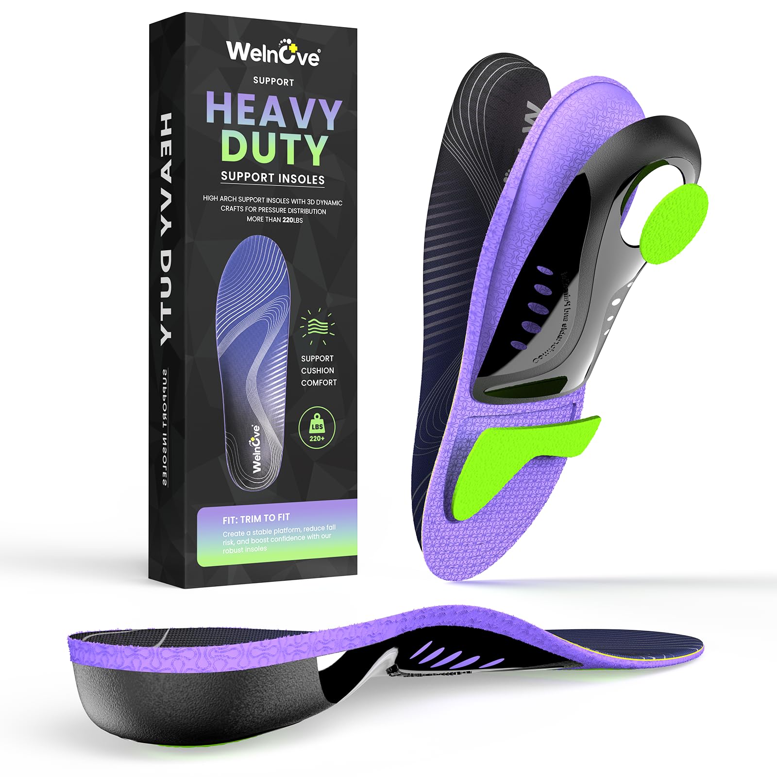 Welnove work boot insoles with heavy-duty arch support for all-day stability.