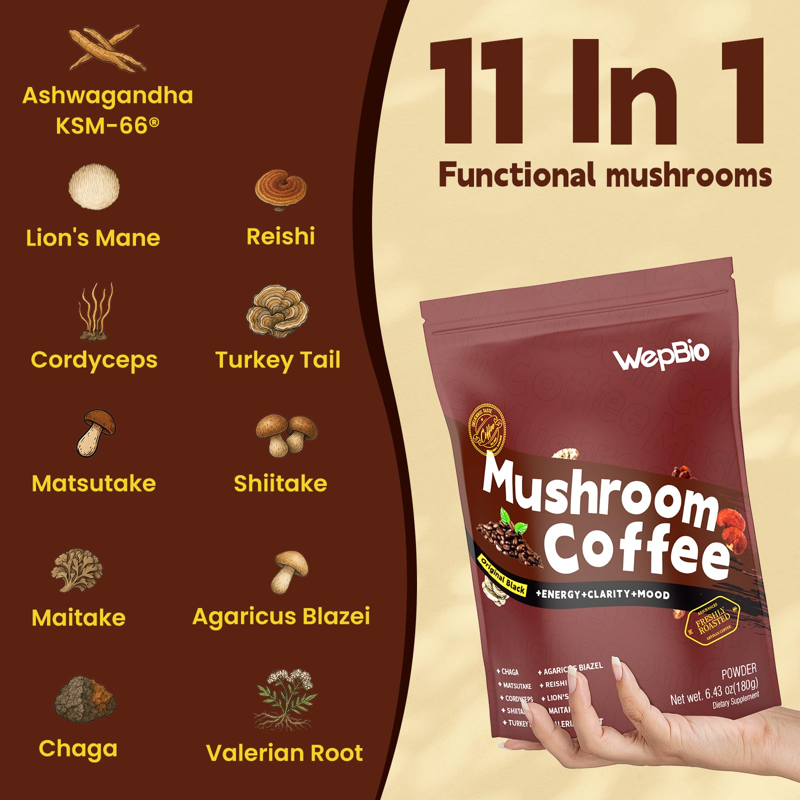 WepBio Ashwagandha KSM-66 infused coffee brew energizing mornings with calm focus.
