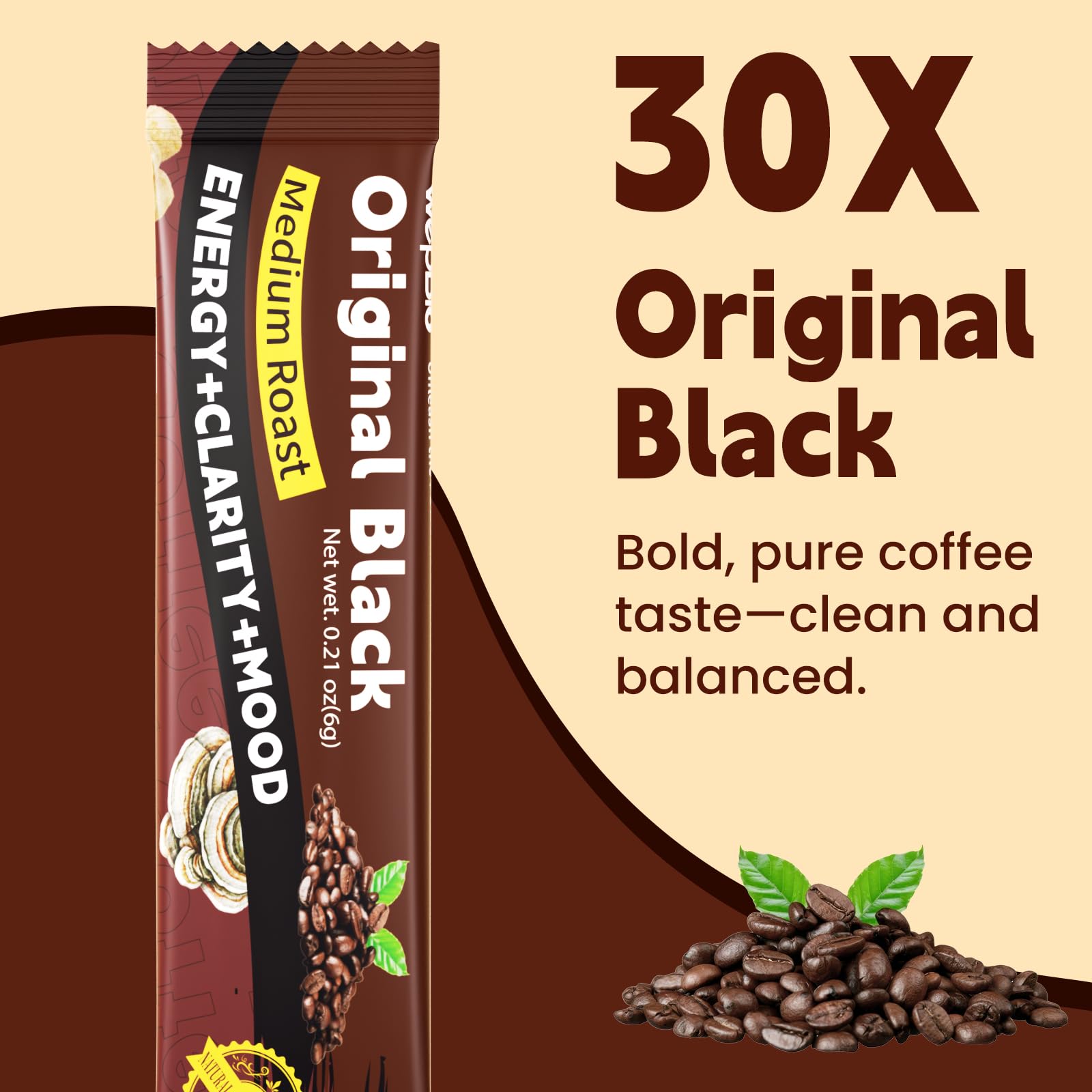 WepBio Mushroom Coffee Original Black bag highlighting 30 servings for daily use.