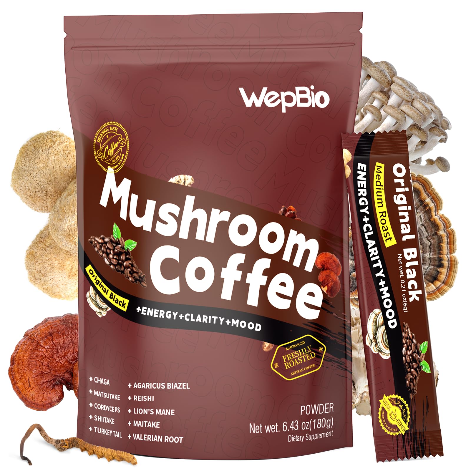 WepBio Mushroom Coffee Original Black cup showing aromatic steam and energy-boosting potential.