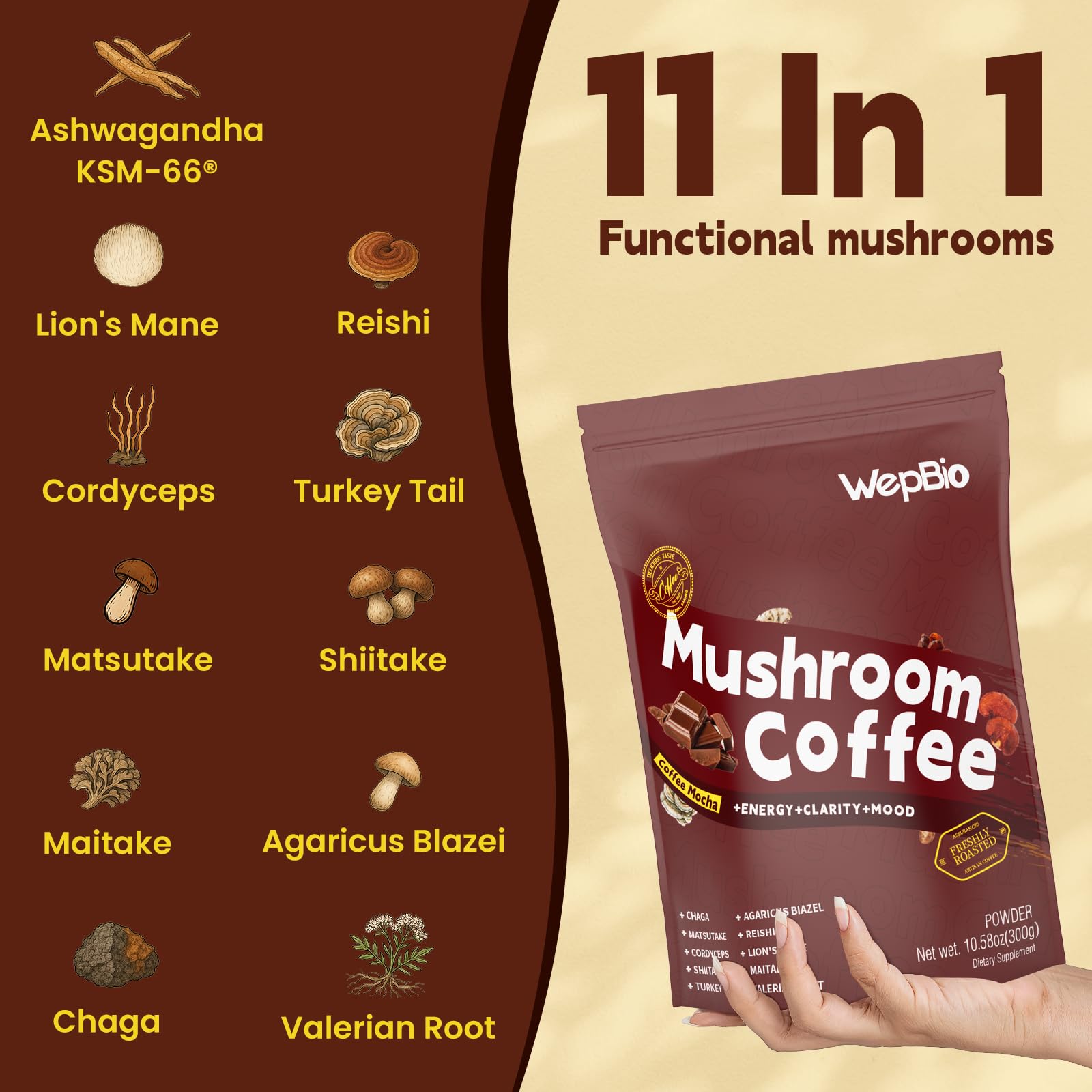 WepBio Mushroom Coffee Toasted Hazelnut cup with nutty finish for calm focus