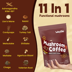 WepBio Mushroom Coffee Toasted Hazelnut cup with nutty finish for calm focus