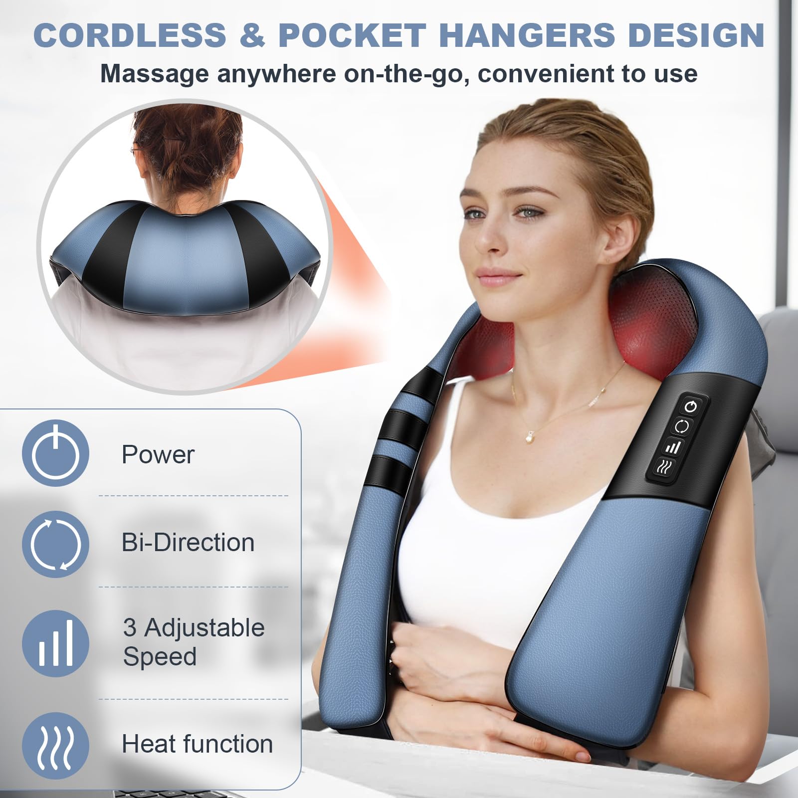 WERTYI massager with 8 rotating nodes, close-up shows deep kneading.