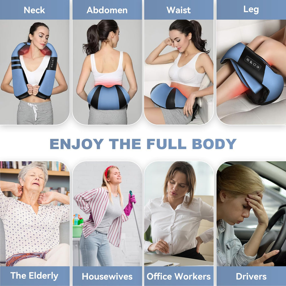 WERTYI massager on shoulders during work, ergonomic positioning.