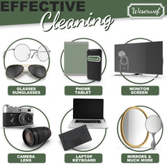 Weserwef Design microfiber cloth with camera lens close-up—polished results.