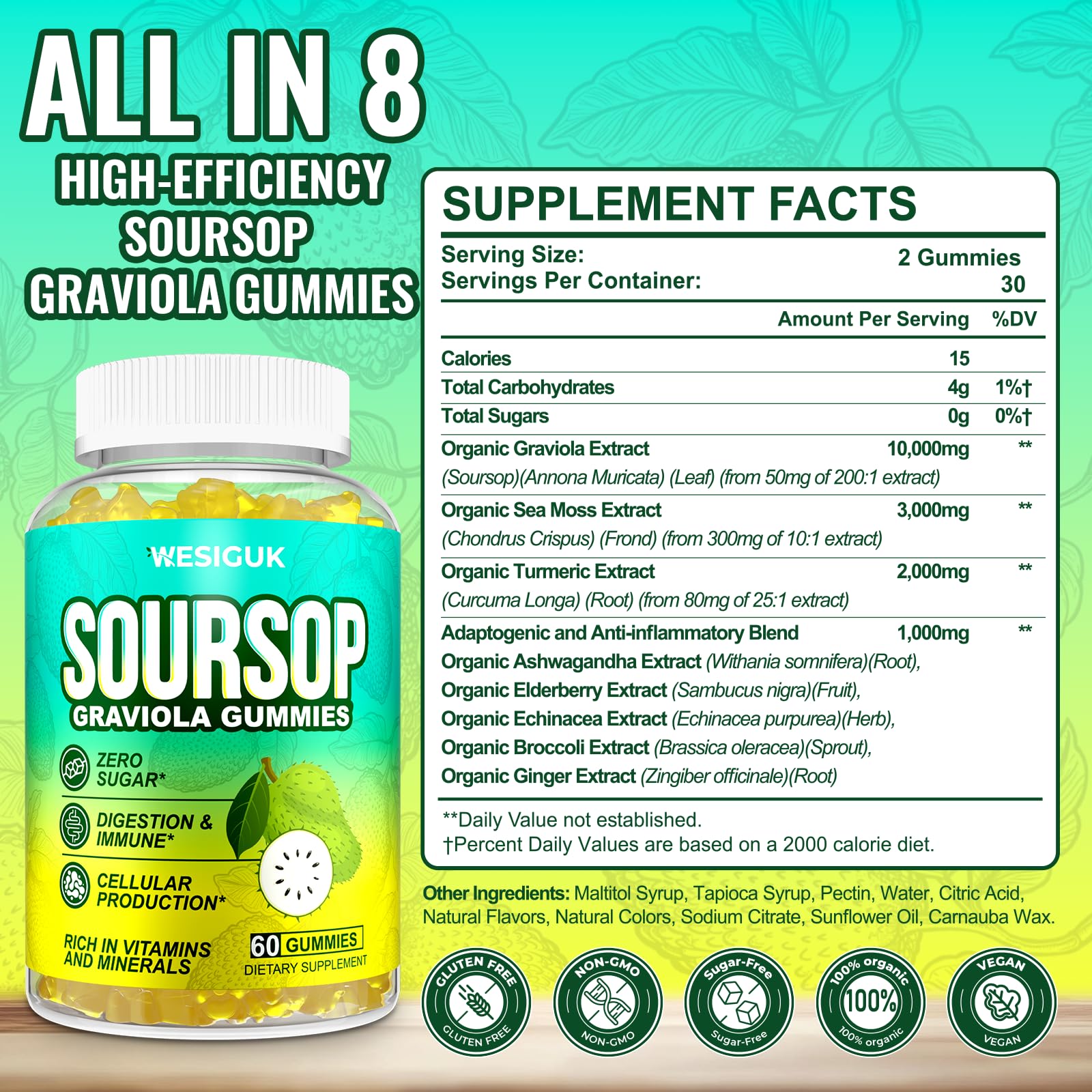 Wesiguk Soursop Gummies bottle pour demonstrates simple daily dosing for immune support.