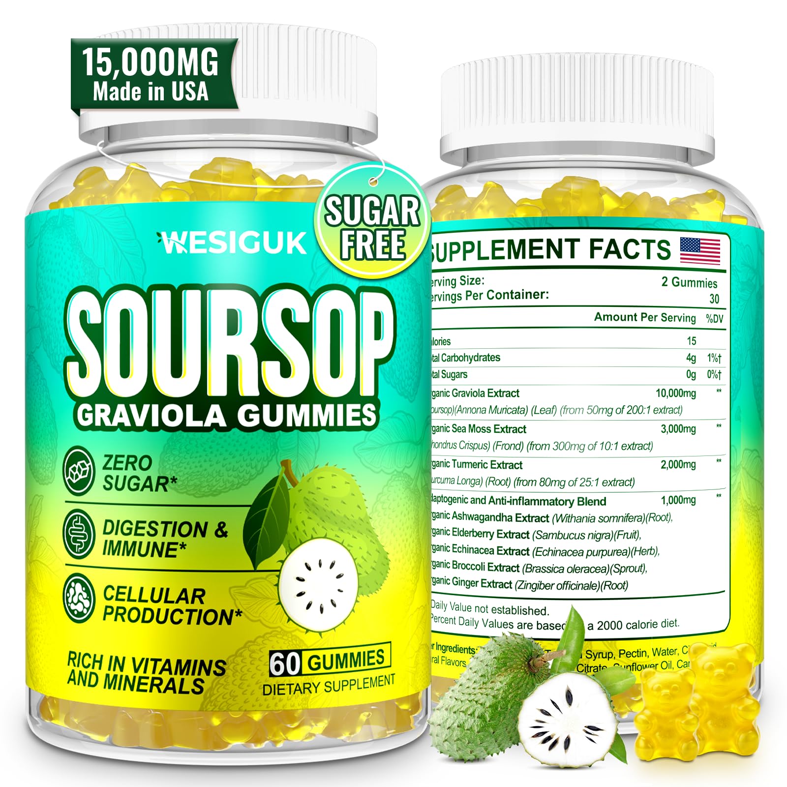 Wesiguk Soursop Gummies bottle highlights organic ingredients for everyday wellness.