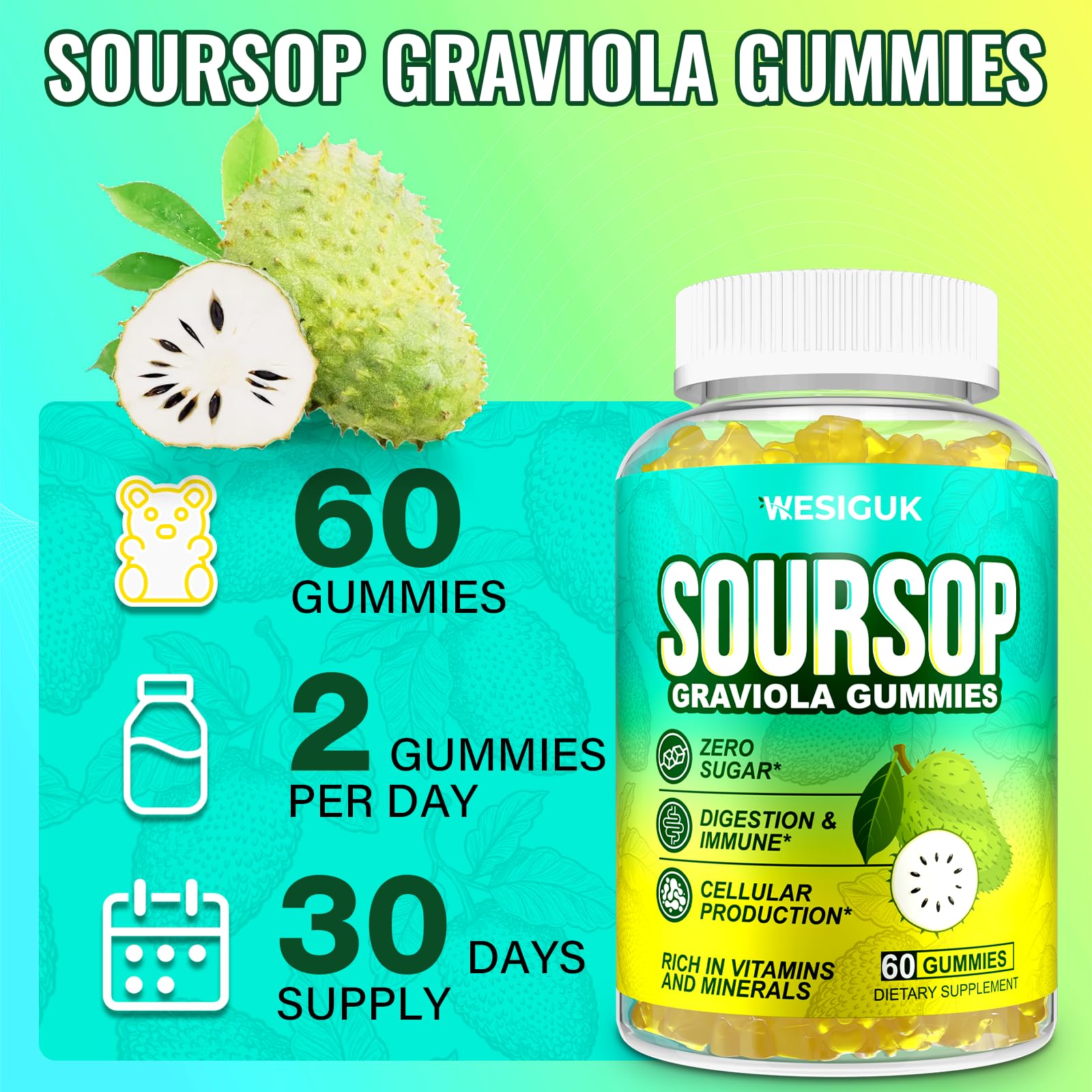Wesiguk Soursop Gummies daily-dose image suggests two-gummy routine.