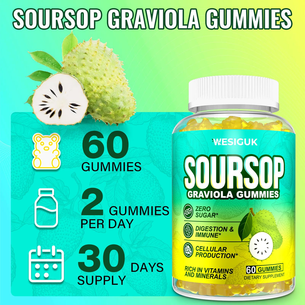 Wesiguk Soursop Gummies daily-dose image suggests two-gummy routine.