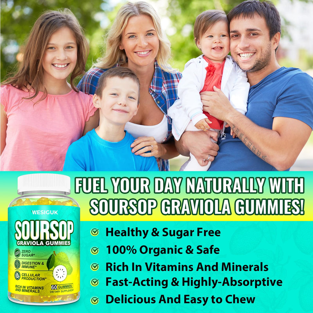 Wesiguk Soursop Gummies ingredients chart showcases sea moss and turmeric blend.