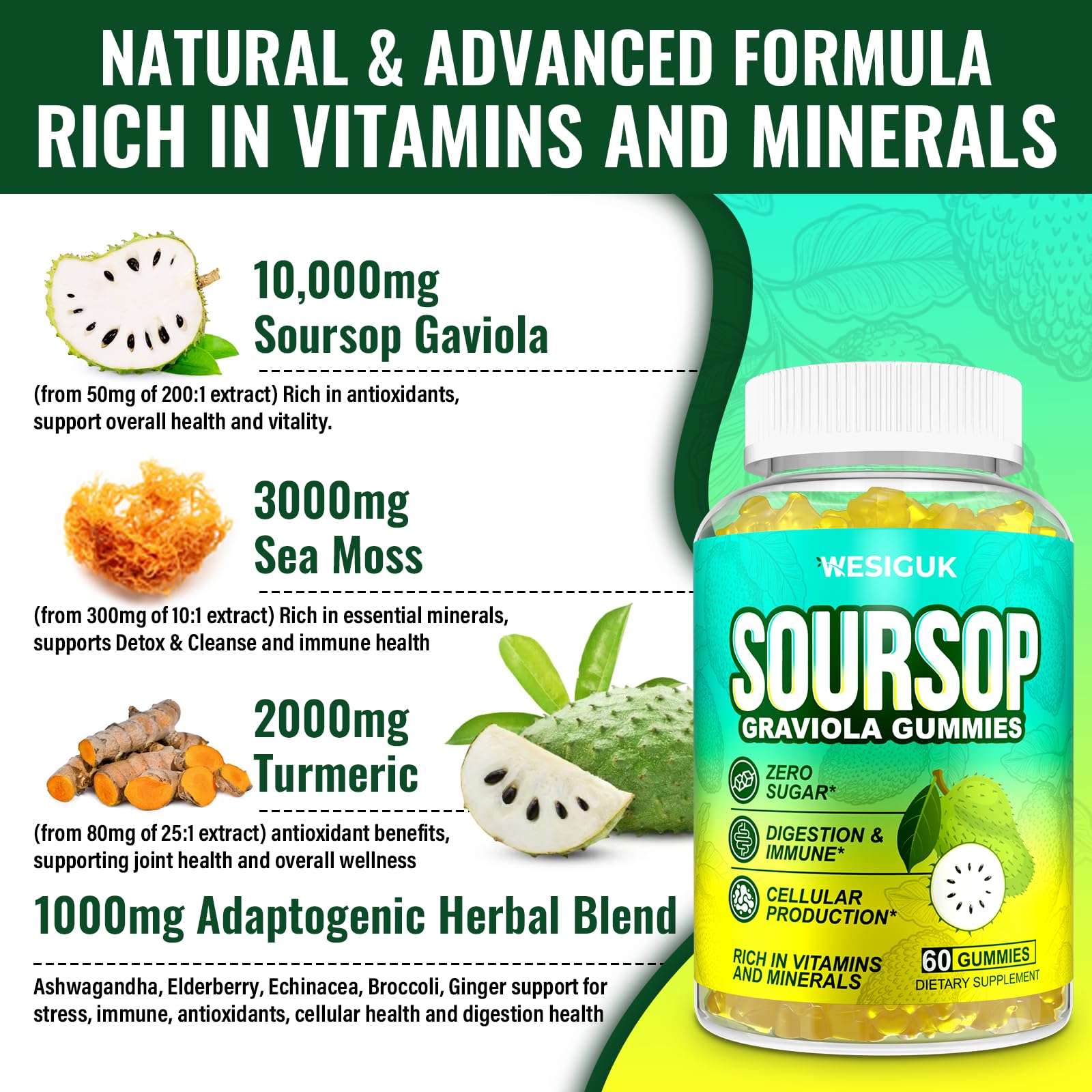 Wesiguk Soursop Gummies label emphasizes zero sugar and natural flavor.
