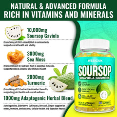 Wesiguk Soursop Gummies label emphasizes zero sugar and natural flavor.