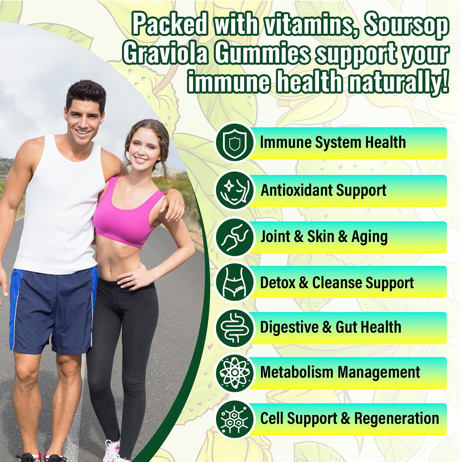 Wesiguk Soursop Gummies packaging highlights vegan and gluten-free formulation.