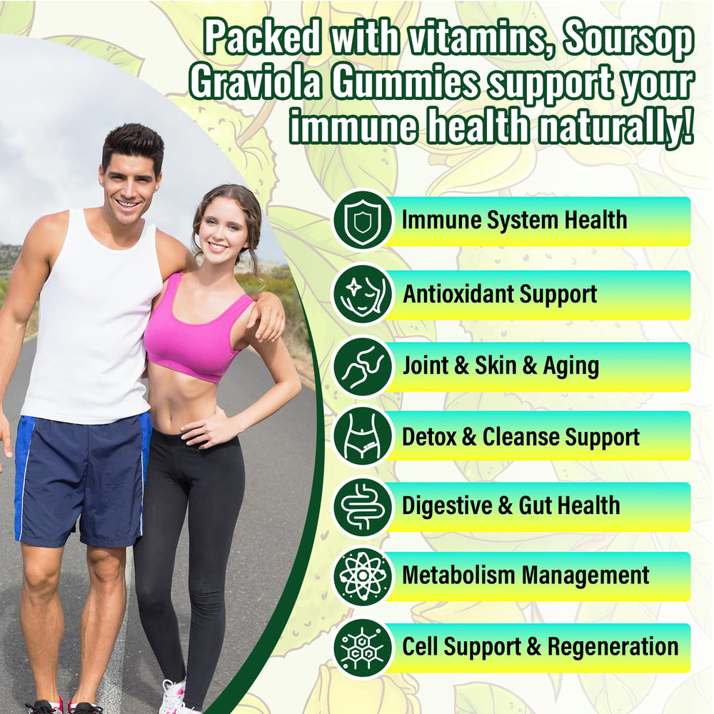 Wesiguk Soursop Gummies packaging highlights vegan and gluten-free formulation.