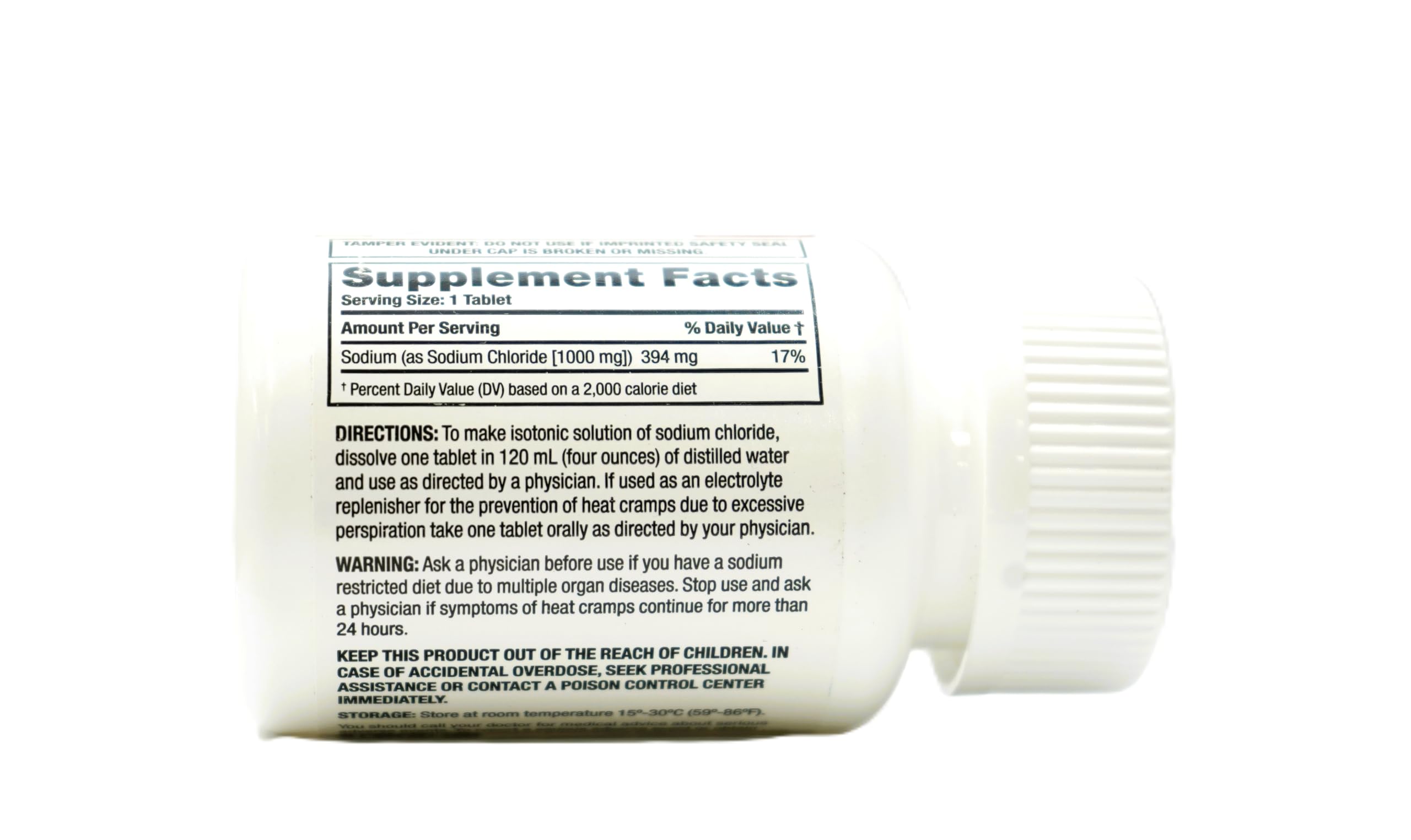 Westminster Pharmaceuticals sodium chloride tablets 1 g packaging with tamper-evident bottle