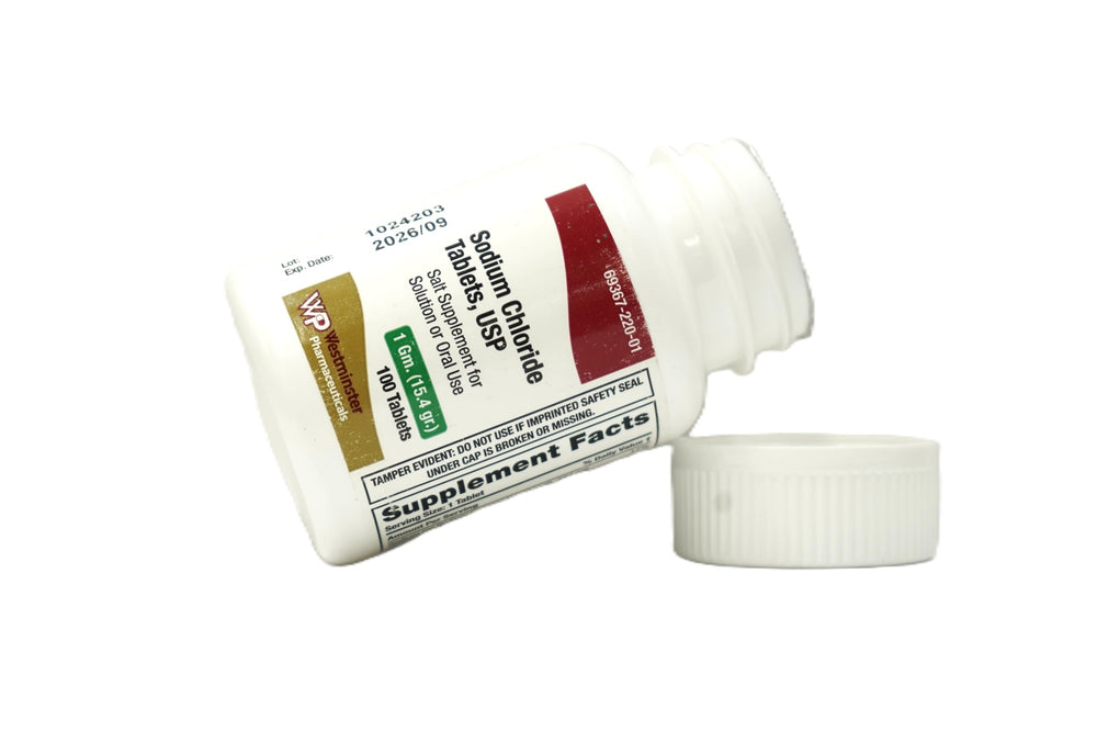 Westminster Pharmaceuticals sodium chloride tablets 1 g close-up showing scored tablets for adjustable dosing