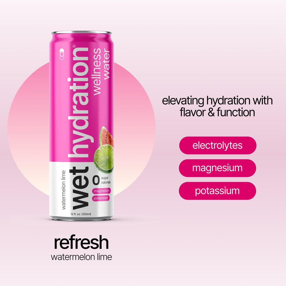 Wet Hydration pack 12 display emphasizes convenient, sugar-free hydration on the go.