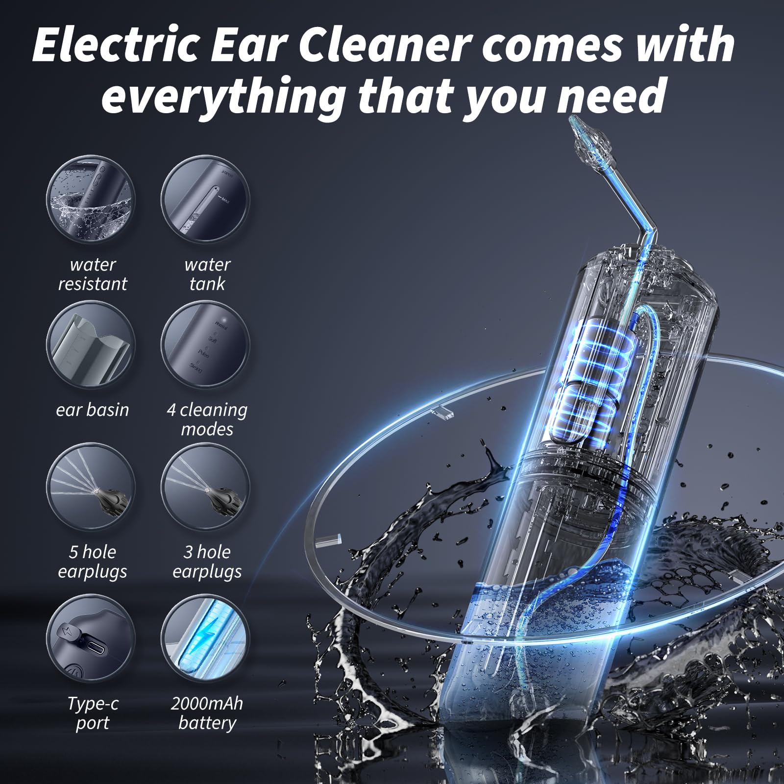 WEUANY ear cleaner with 2000mAh battery lasts hours.