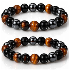 WFJ Black Obsidian Hematite triple protection bracelet set on display showing balance