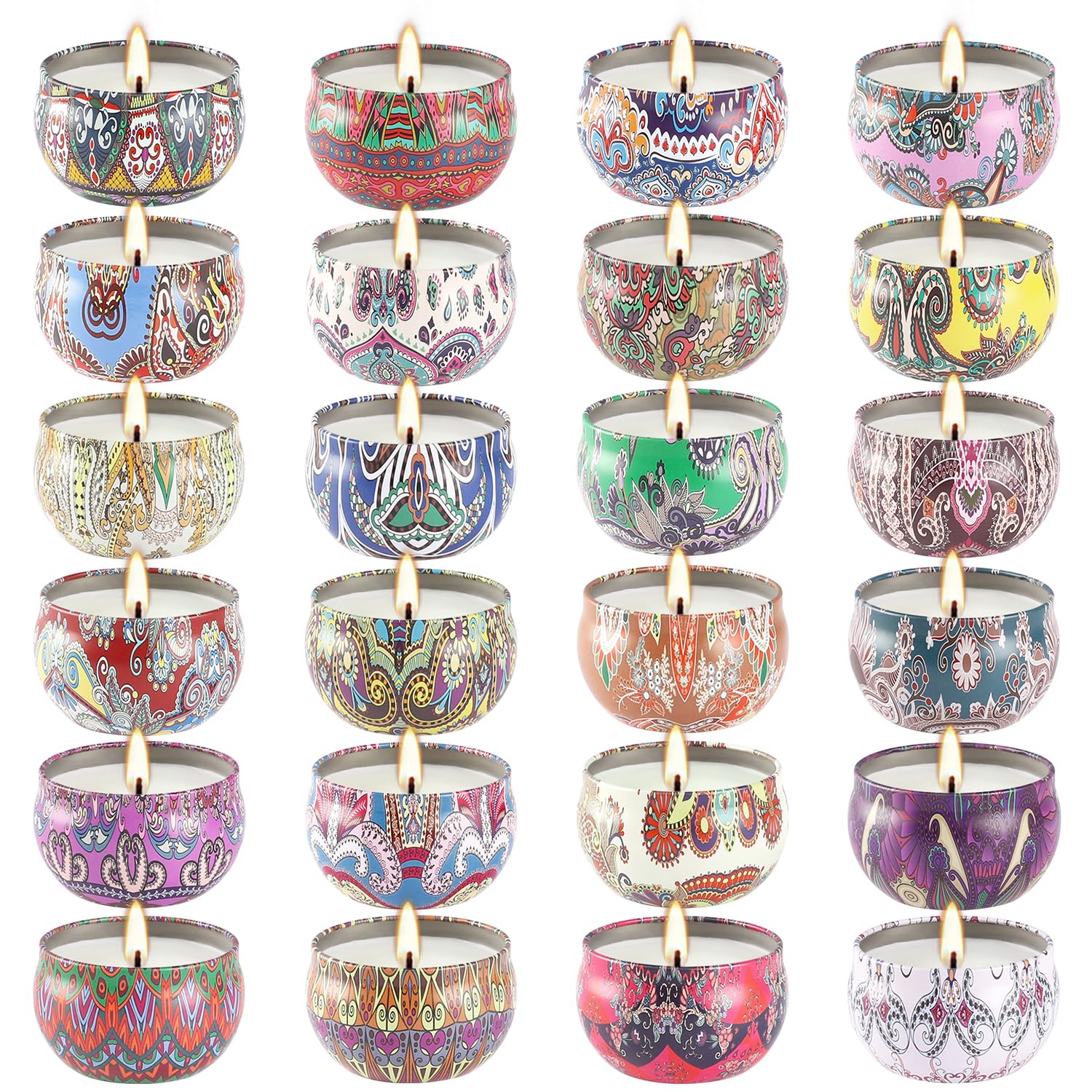 Wfmolcand candle tins with patterned jars for home décor and ambience.