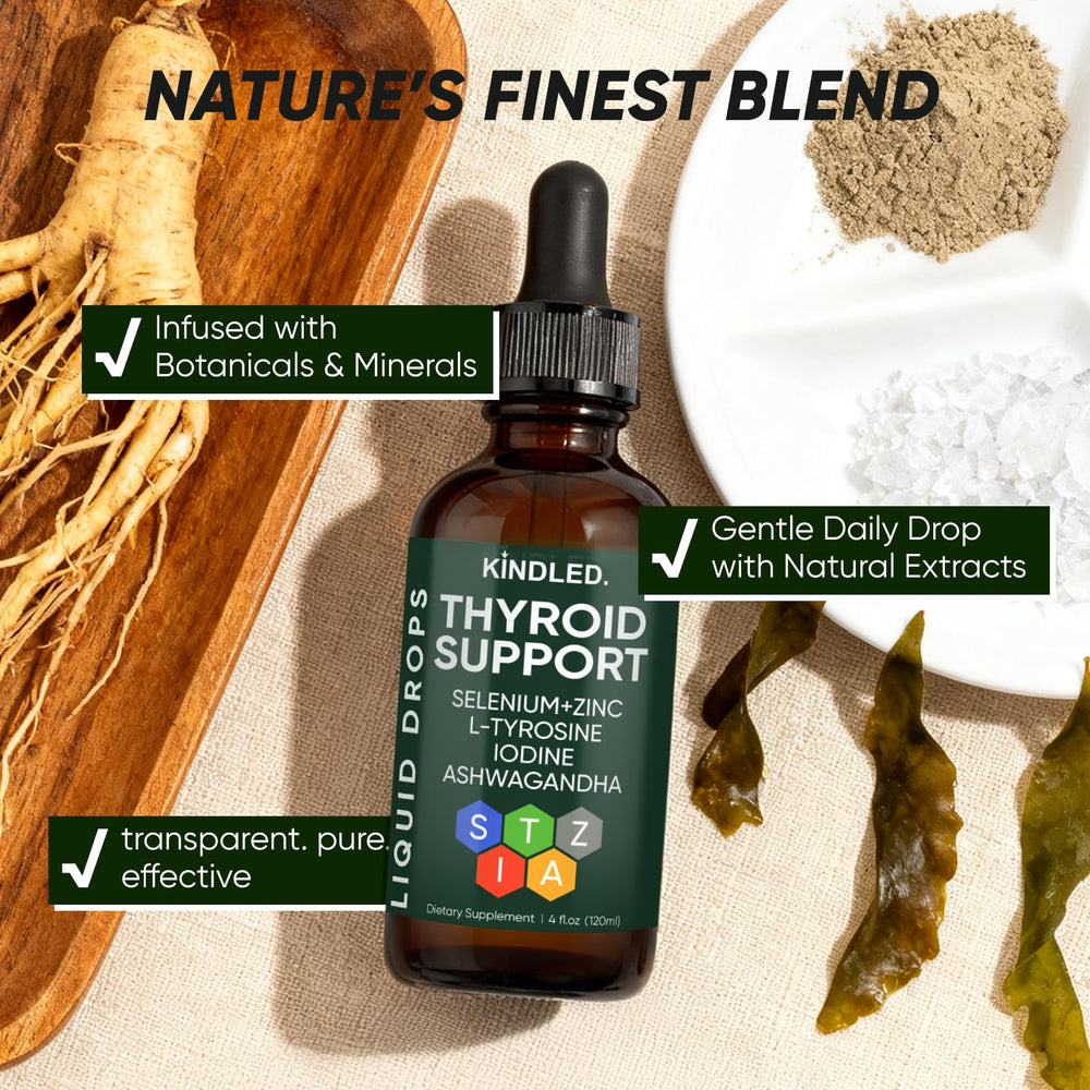 WGYPEU Kindled Thyroid Support Drops on a kitchen counter beside a glass for daily routine reminder
