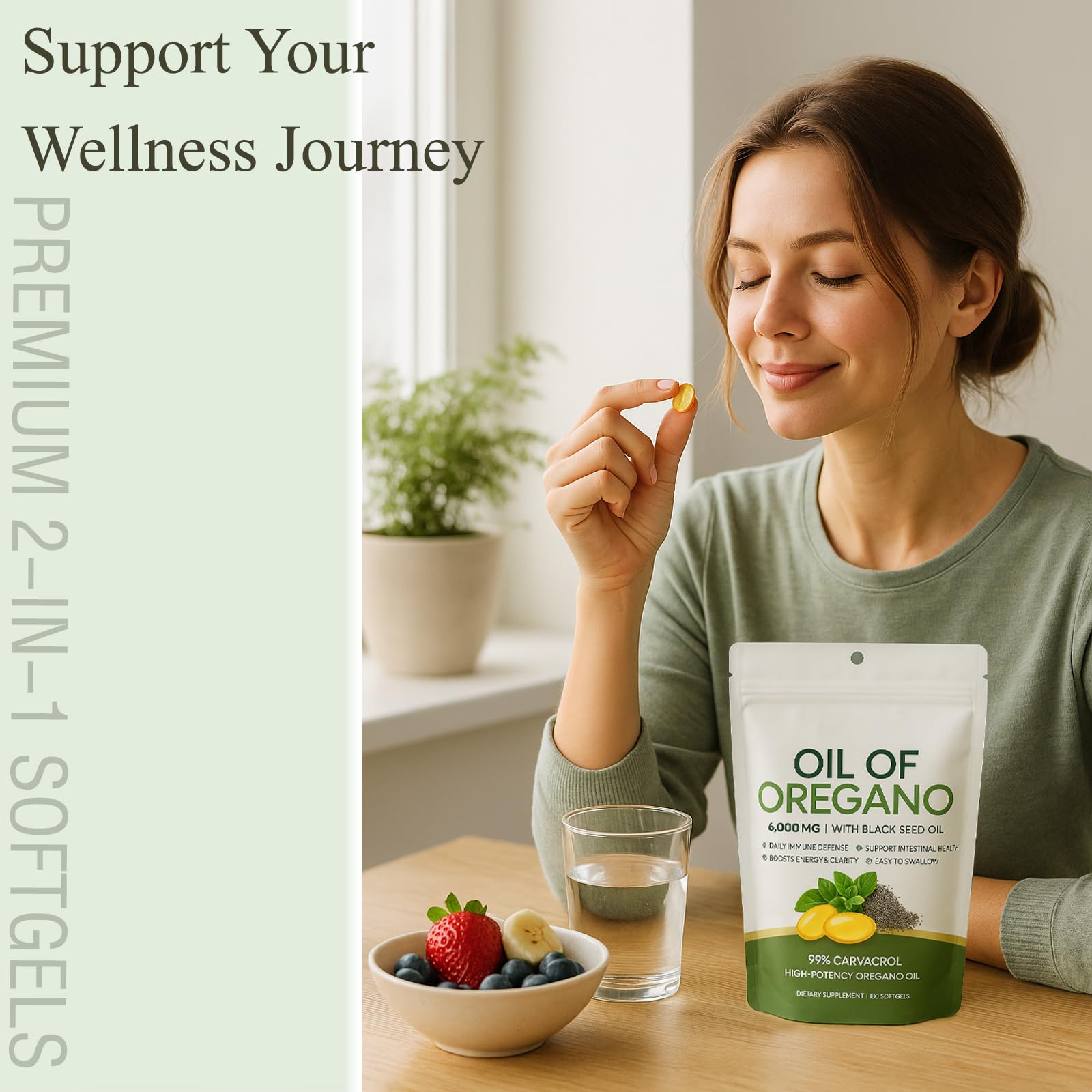 WGYPEU Ovela oregano oil bottle showing convenient softgel format